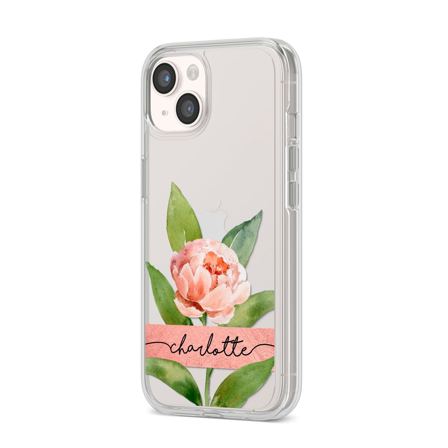 Personalised Pink Peony iPhone 14 Clear Tough Case Starlight Angled Image