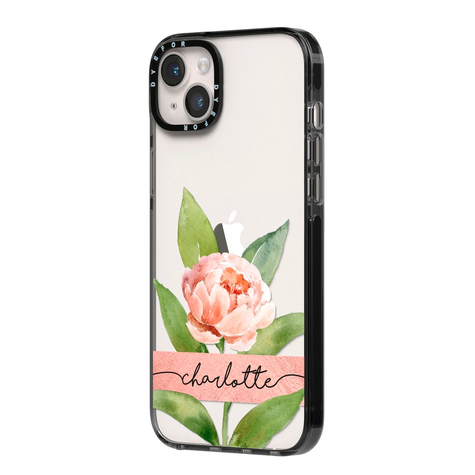 Personalised Pink Peony iPhone 14 Plus Black Impact Case Side Angle on Silver phone