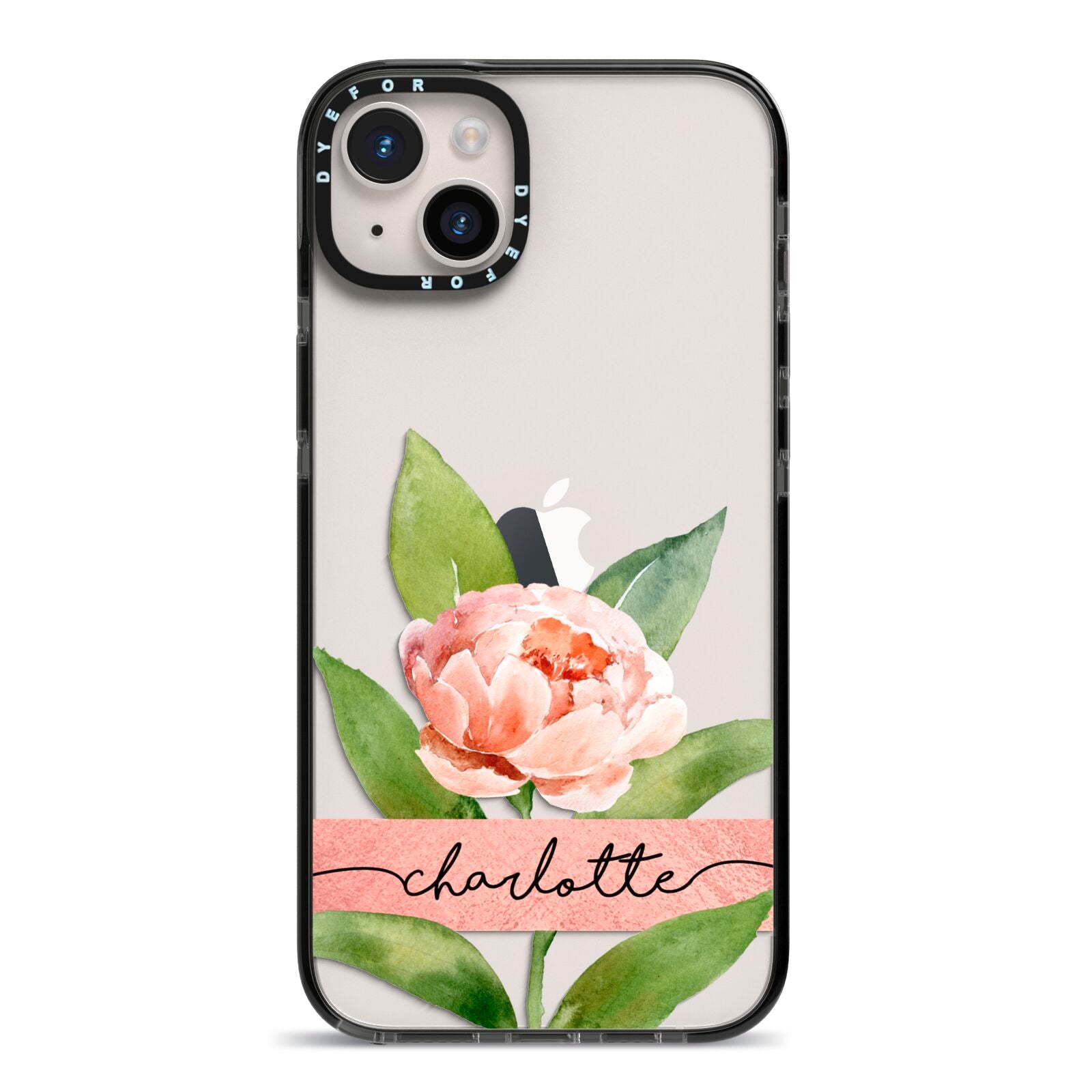Personalised Pink Peony iPhone 14 Plus Black Impact Case on Silver phone