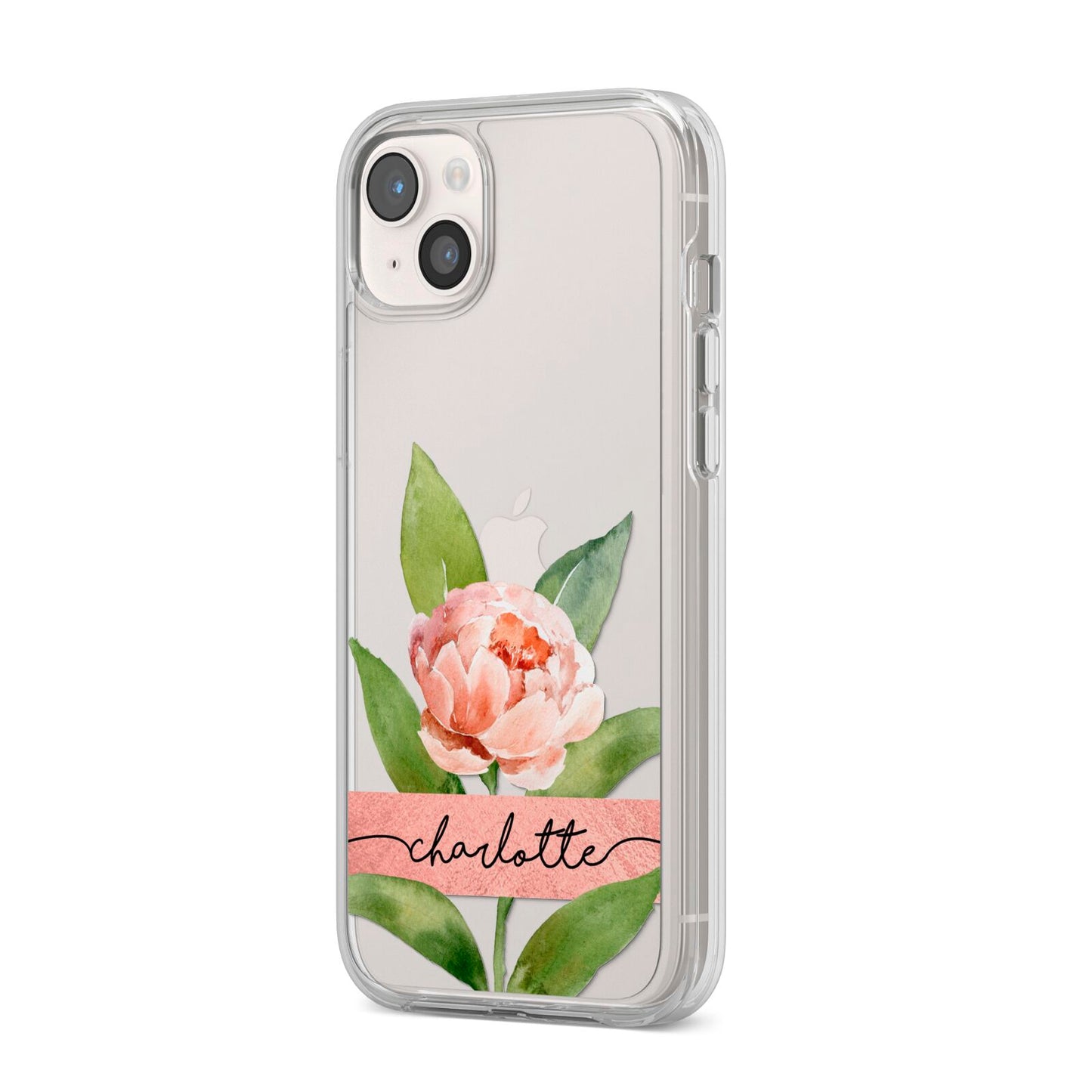 Personalised Pink Peony iPhone 14 Plus Clear Tough Case Starlight Angled Image