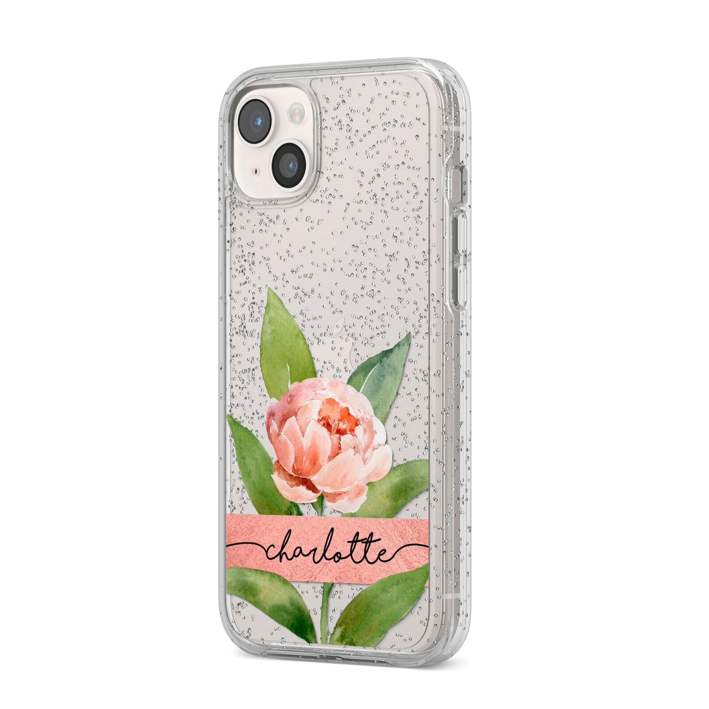 Personalised Pink Peony iPhone 14 Plus Glitter Tough Case Starlight Angled Image