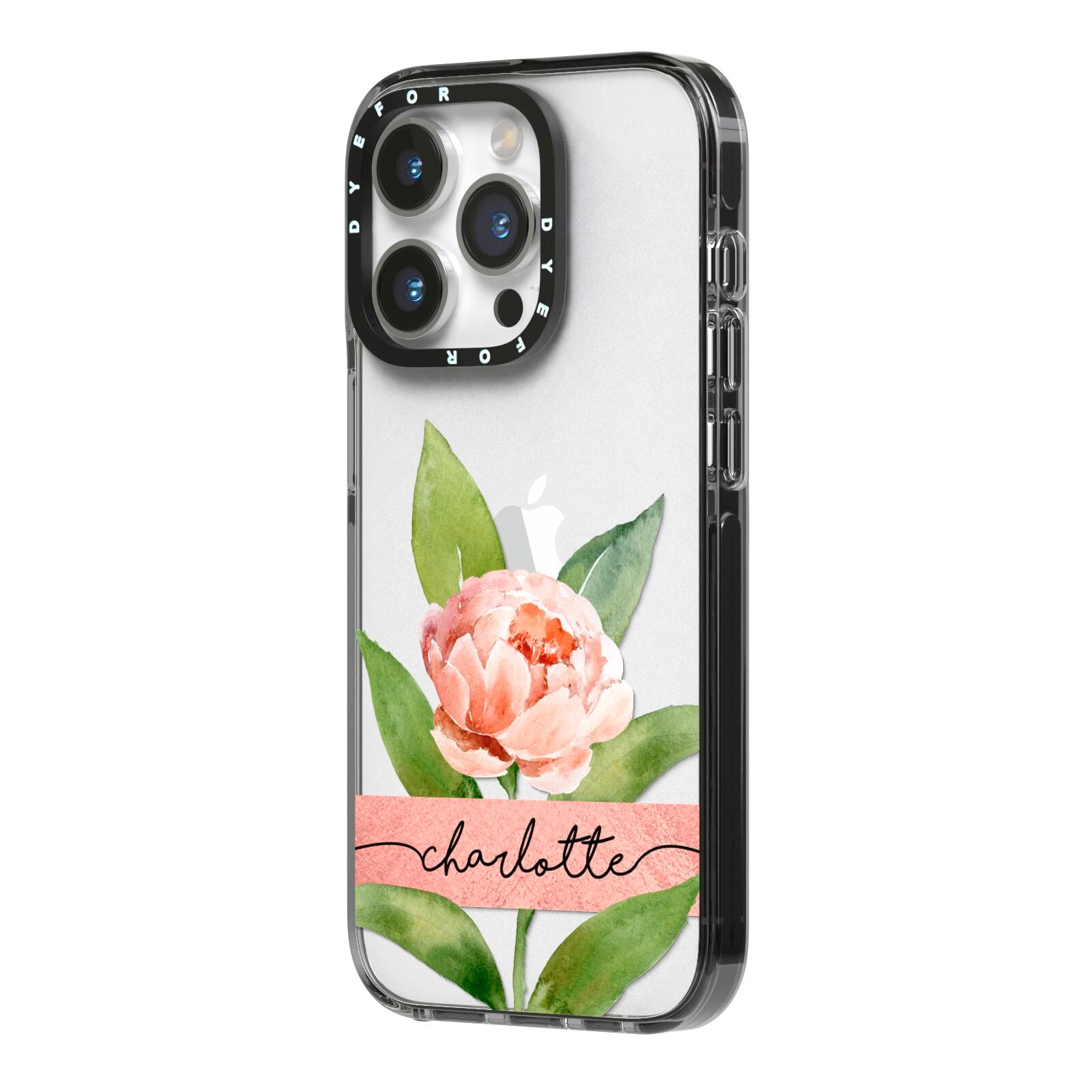 Personalised Pink Peony iPhone 14 Pro Black Impact Case Side Angle on Silver phone