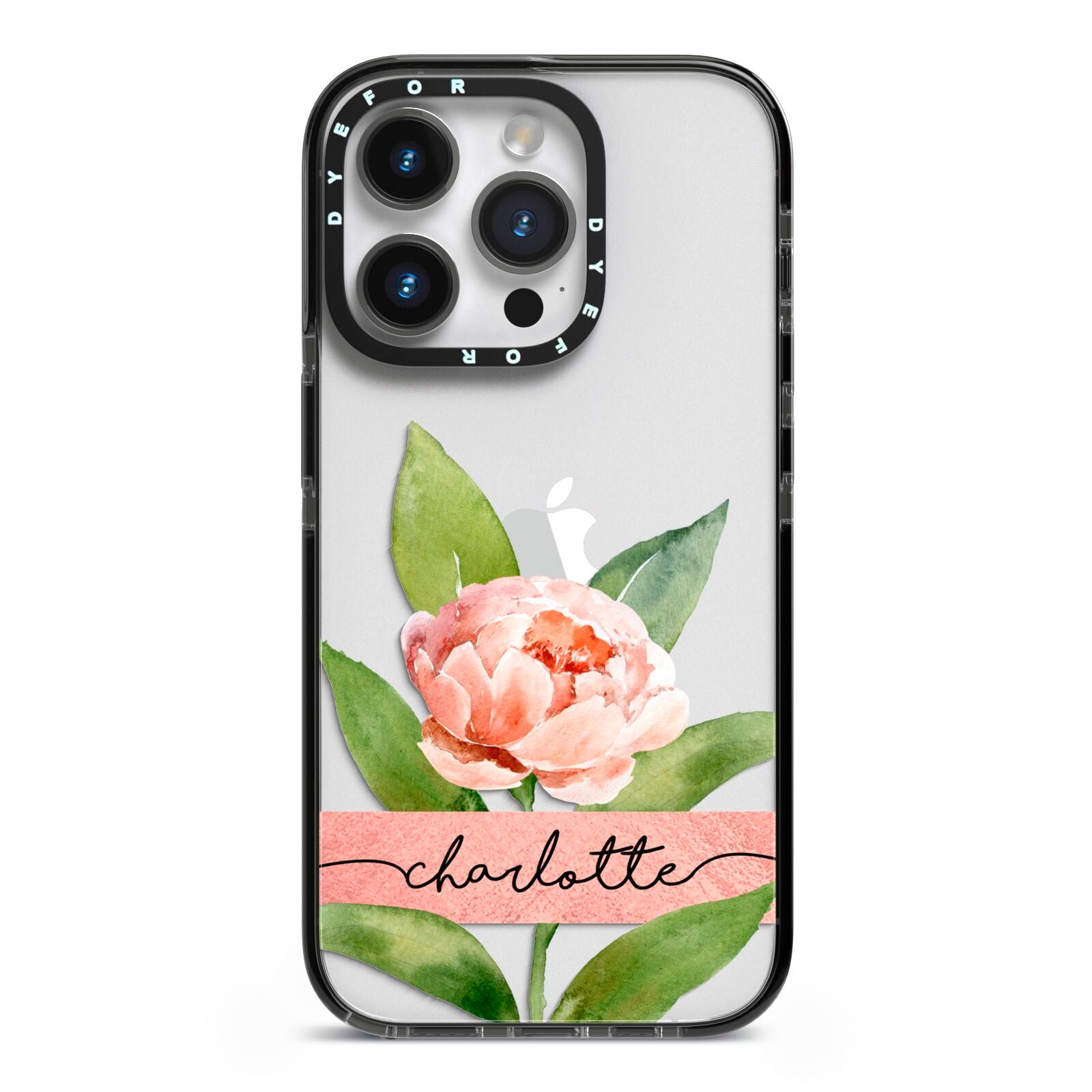 Personalised Pink Peony iPhone 14 Pro Black Impact Case on Silver phone