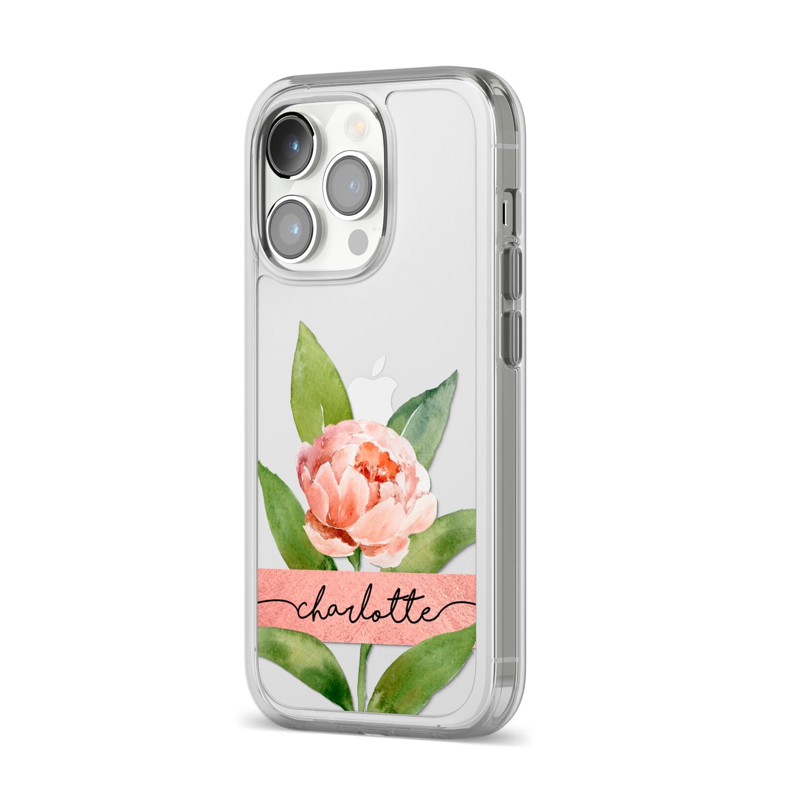 Personalised Pink Peony iPhone 14 Pro Clear Tough Case Silver Angled Image