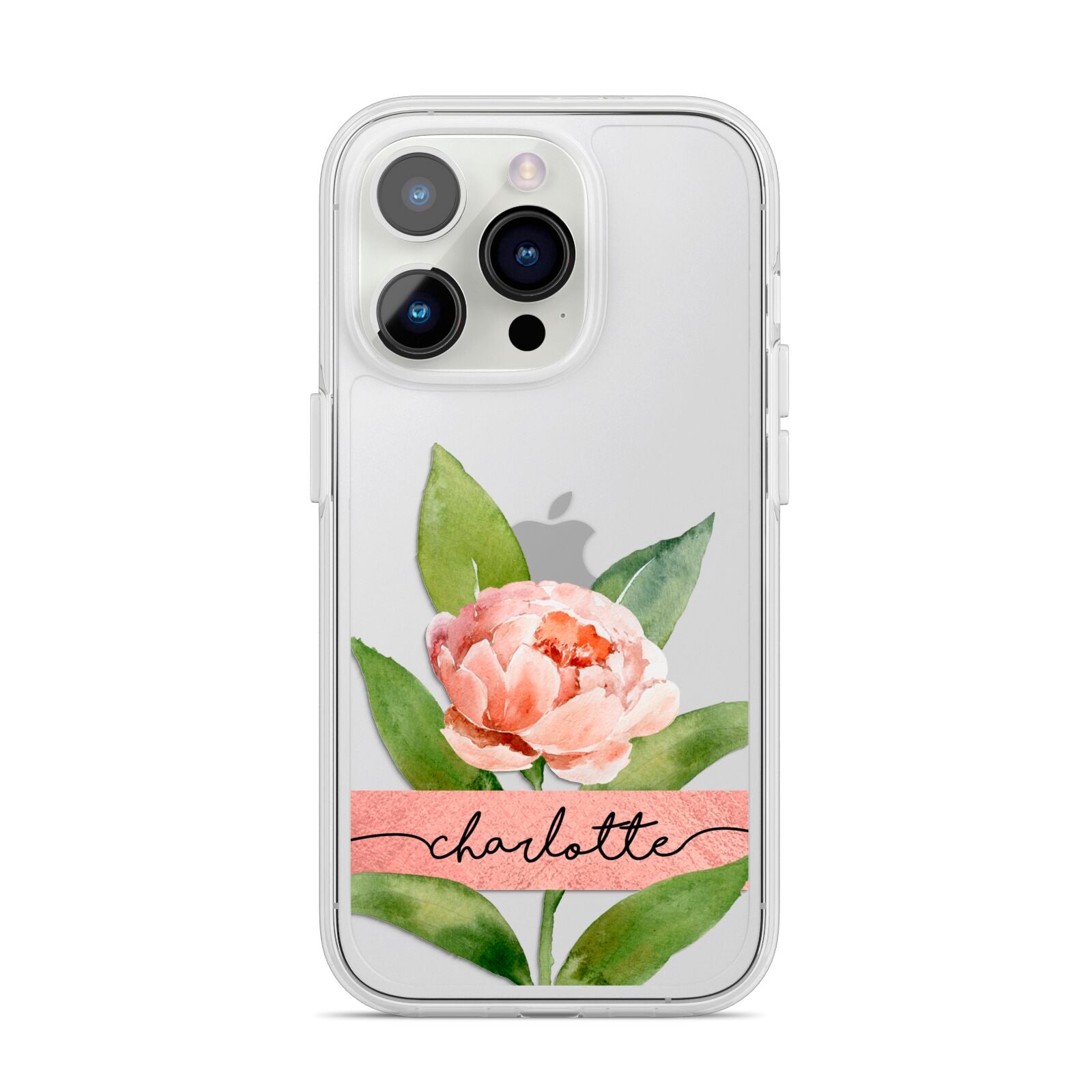 Personalised Pink Peony iPhone 14 Pro Clear Tough Case Silver