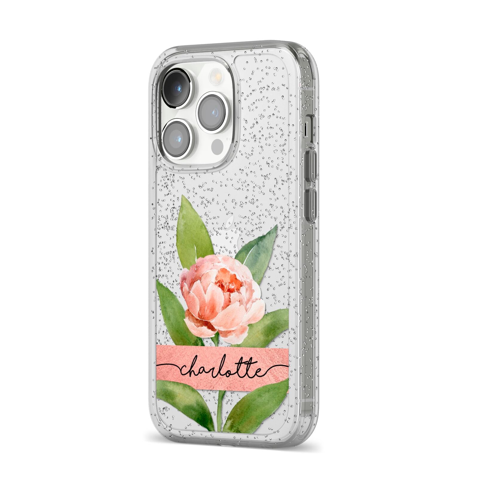 Personalised Pink Peony iPhone 14 Pro Glitter Tough Case Silver Angled Image