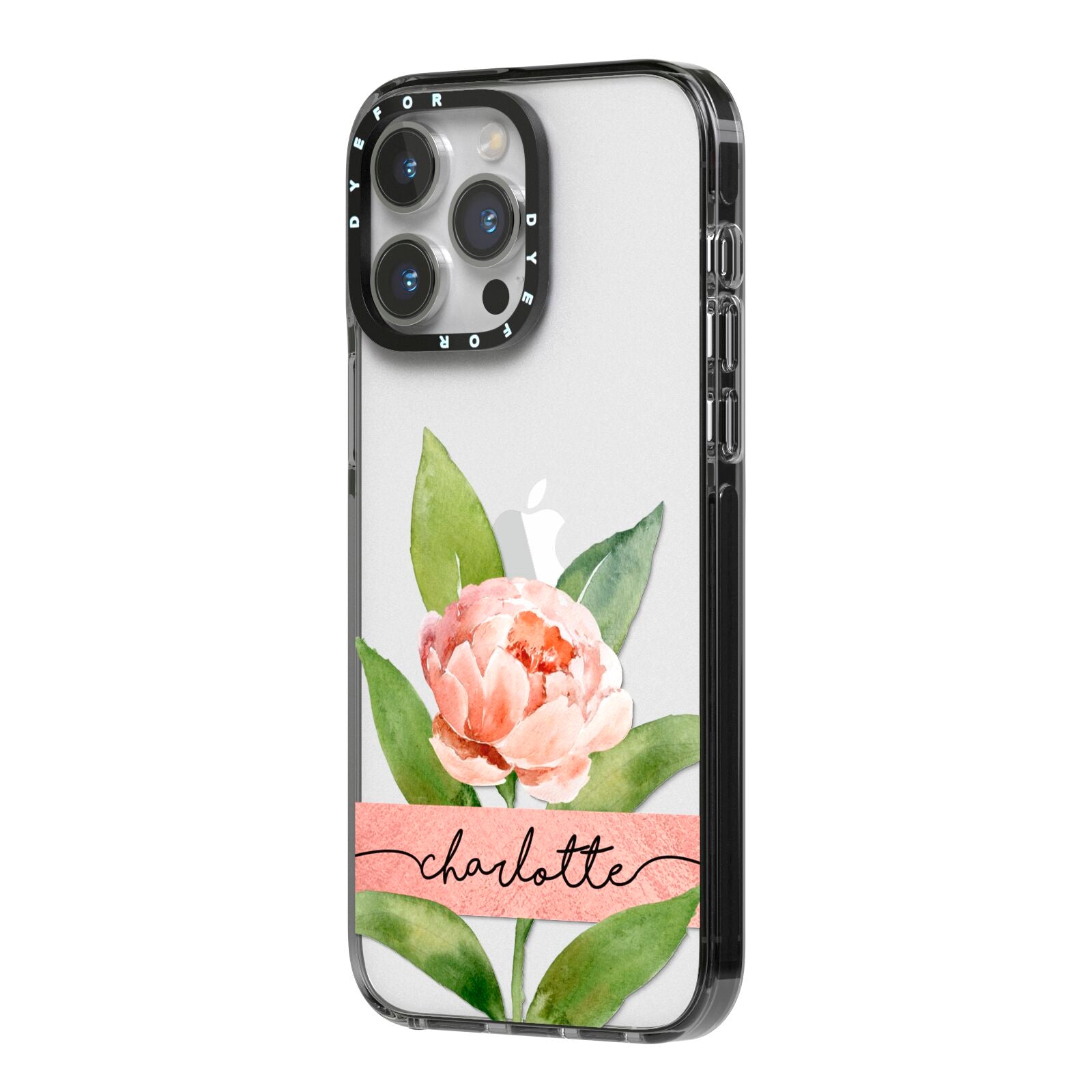 Personalised Pink Peony iPhone 14 Pro Max Black Impact Case Side Angle on Silver phone