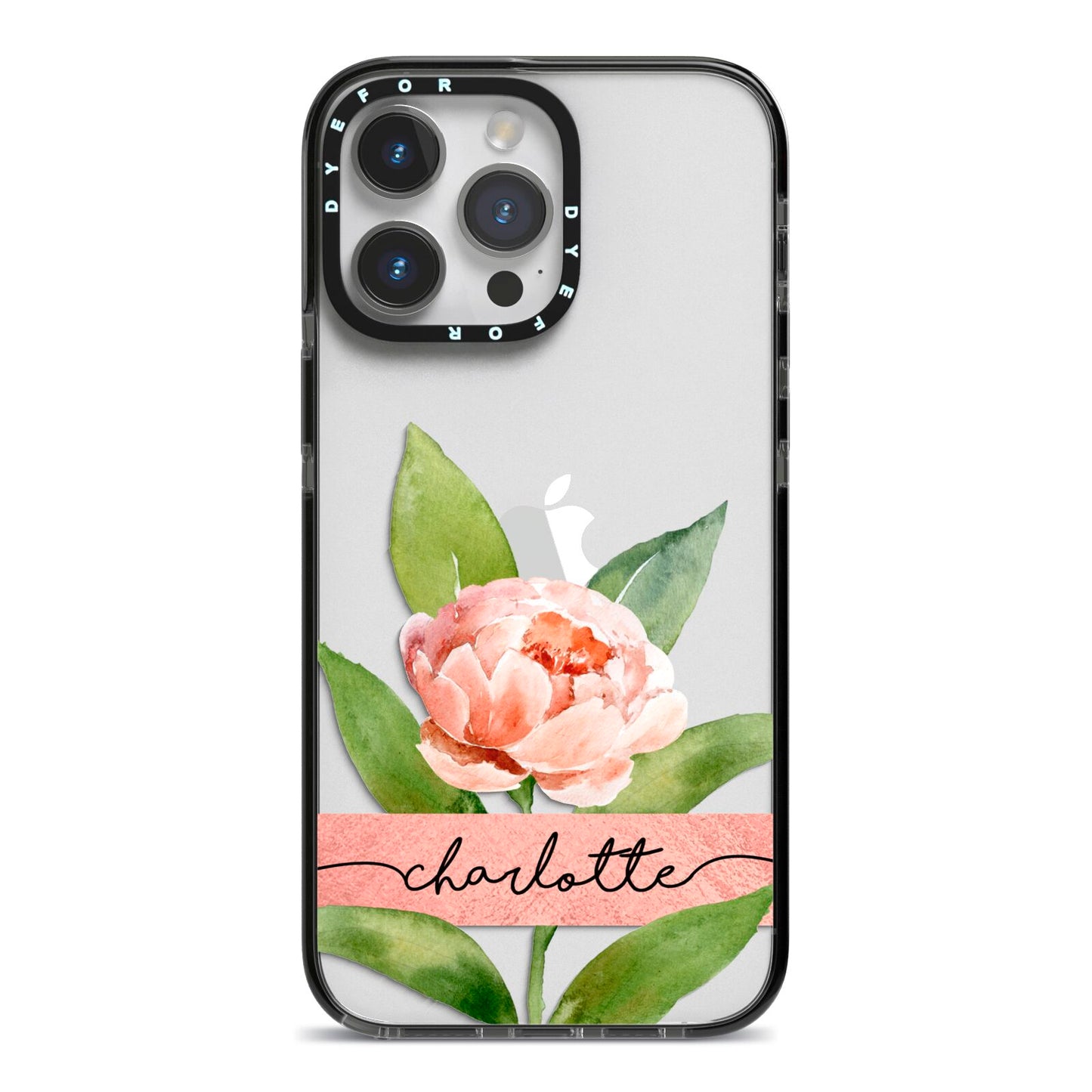 Personalised Pink Peony iPhone 14 Pro Max Black Impact Case on Silver phone