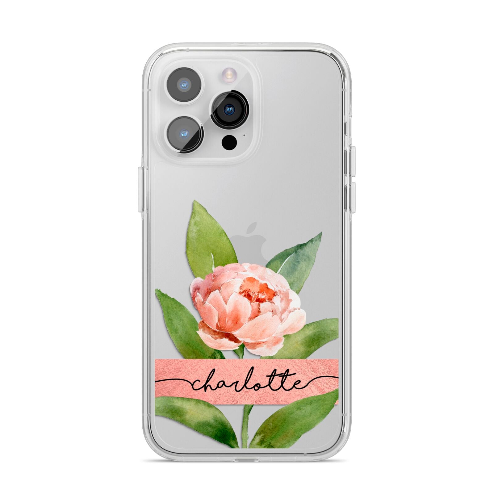 Personalised Pink Peony iPhone 14 Pro Max Clear Tough Case Silver