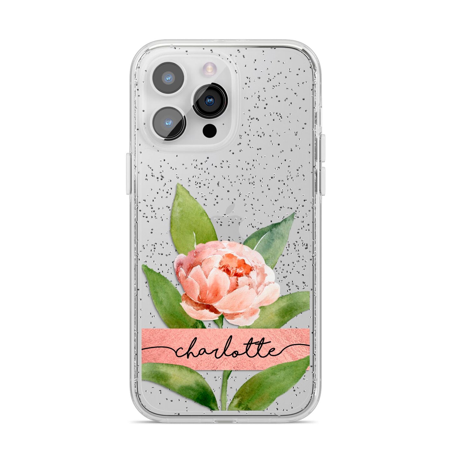 Personalised Pink Peony iPhone 14 Pro Max Glitter Tough Case Silver