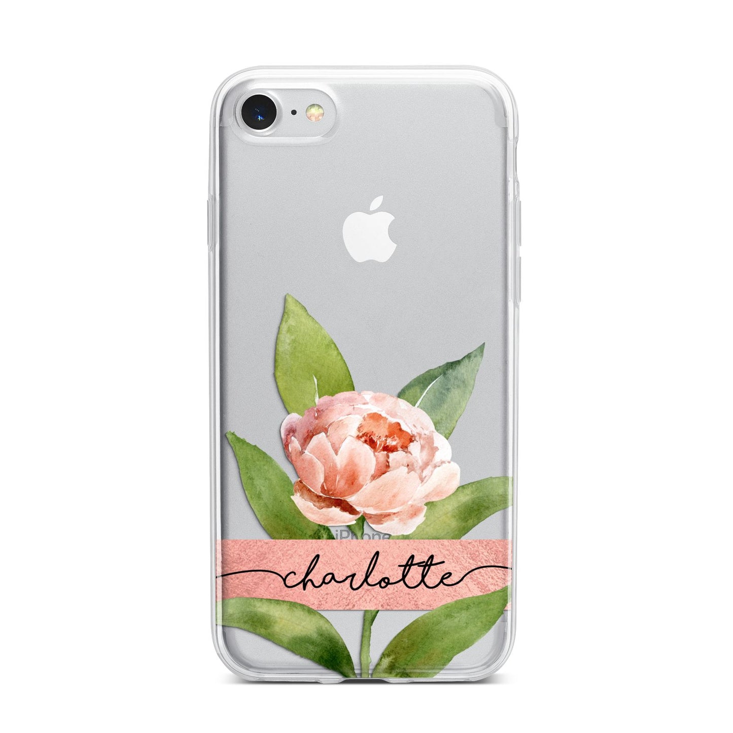 Personalised Pink Peony iPhone 7 Bumper Case on Silver iPhone