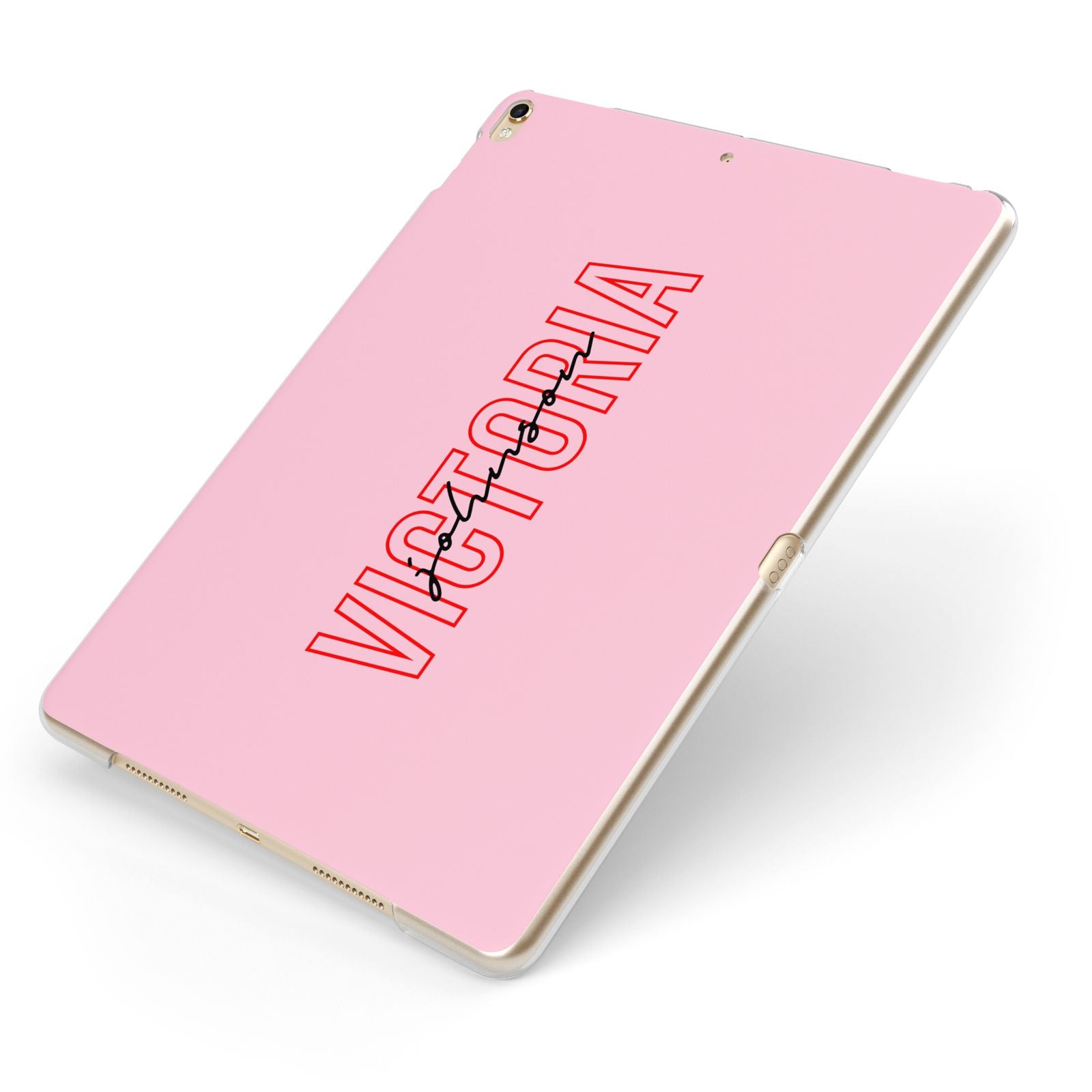 Personalised Pink Red Names Apple iPad Case on Gold iPad Side View