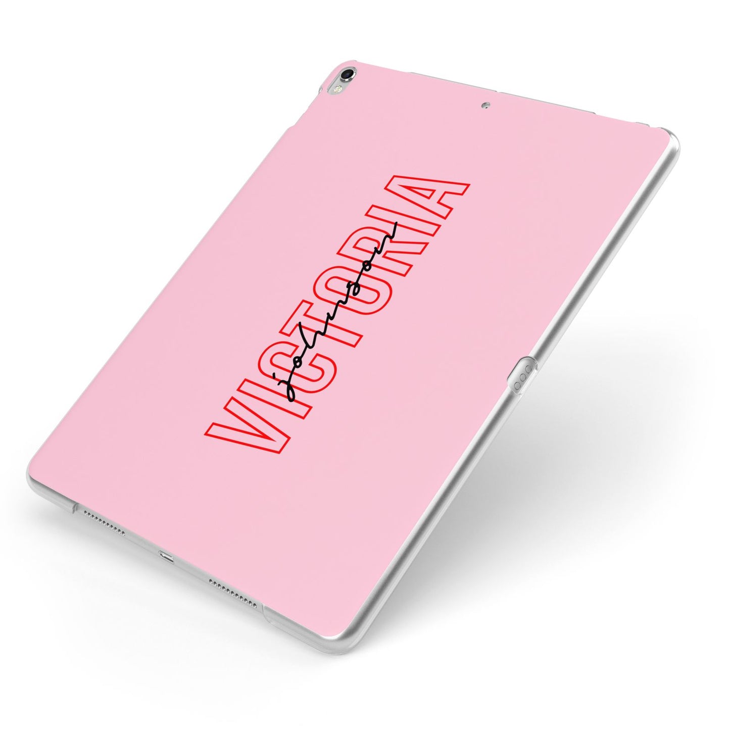 Personalised Pink Red Names Apple iPad Case on Silver iPad Side View