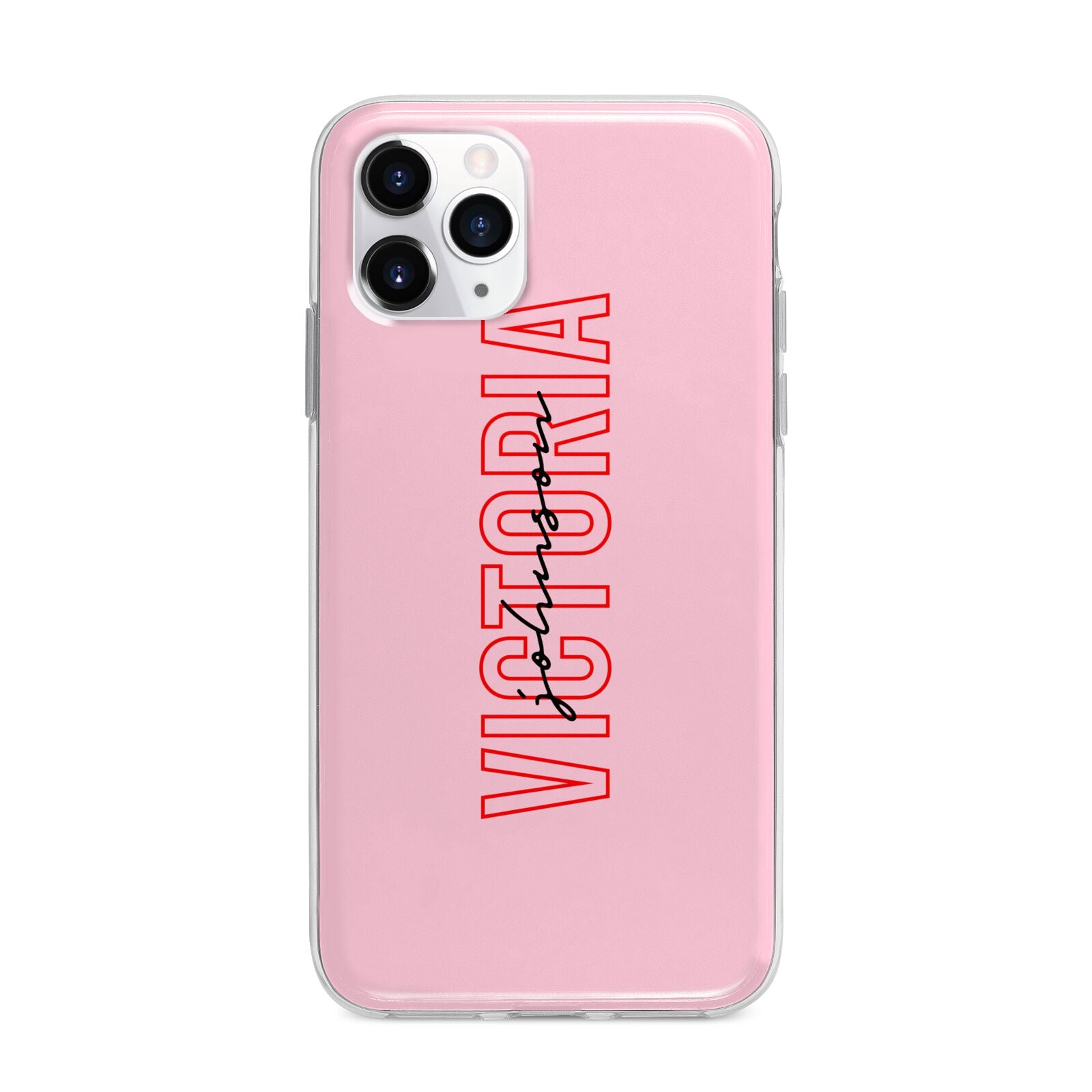 Personalised Pink Red Names Apple iPhone 11 Pro Max in Silver with Bumper Case
