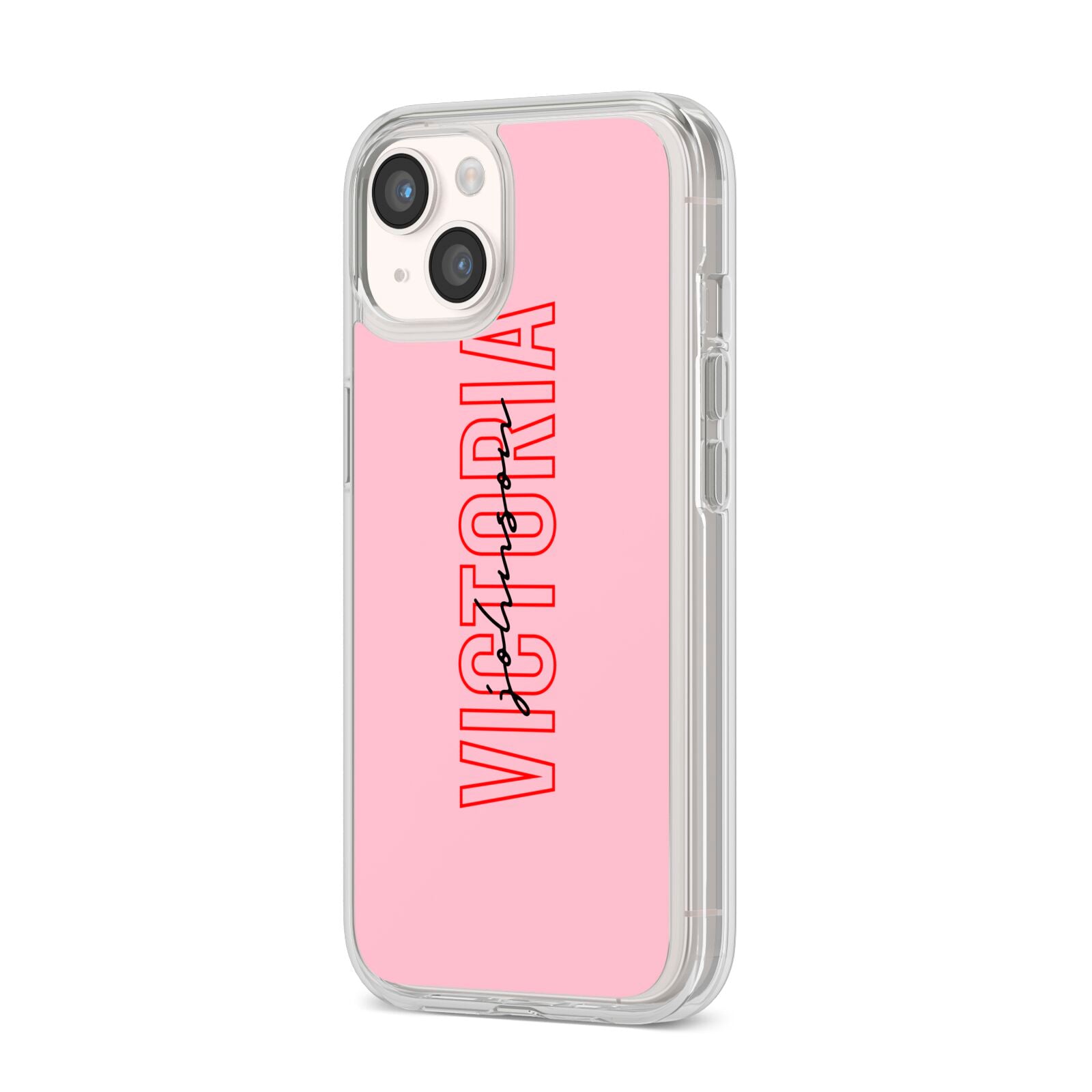 Personalised Pink Red Names iPhone 14 Clear Tough Case Starlight Angled Image