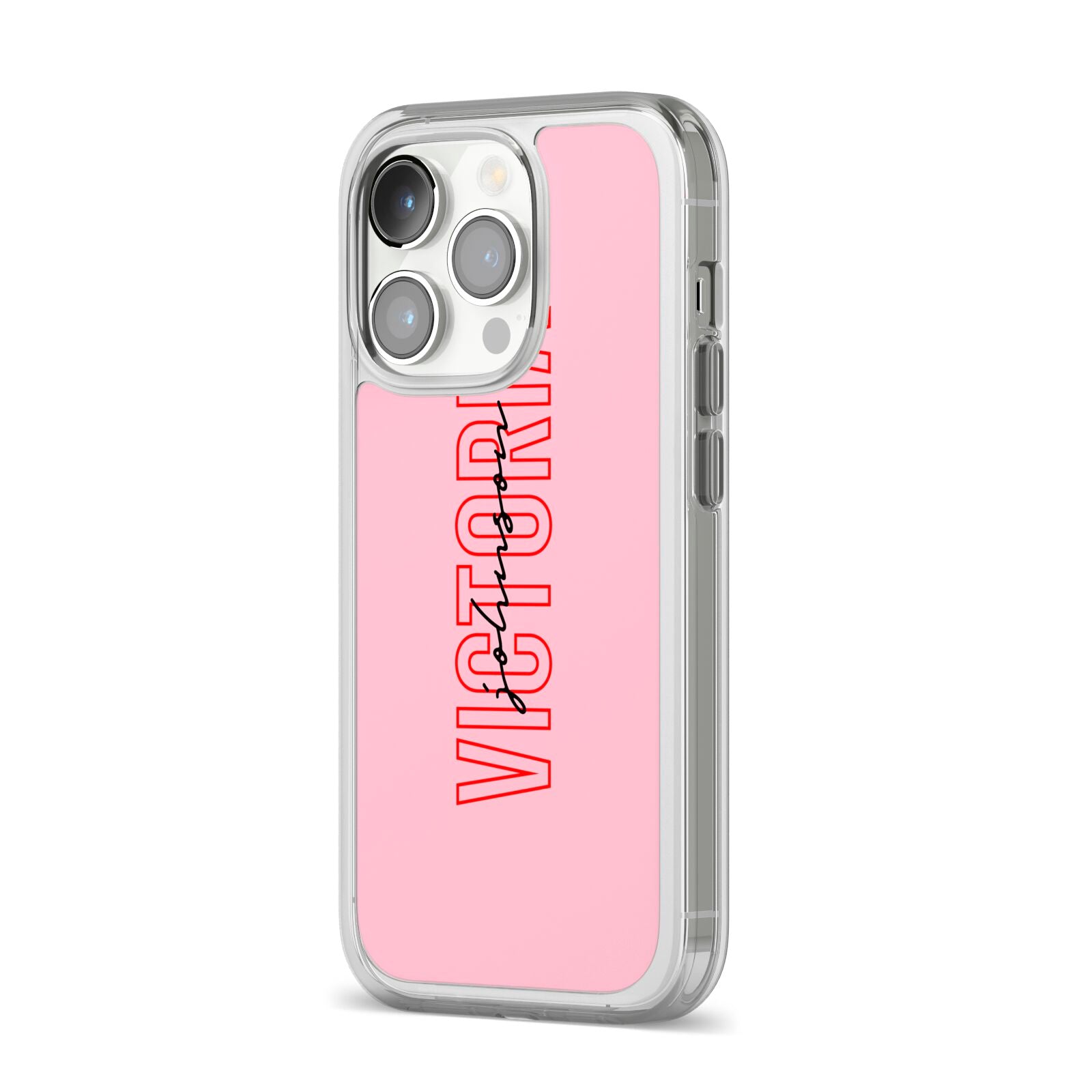 Personalised Pink Red Names iPhone 14 Pro Clear Tough Case Silver Angled Image