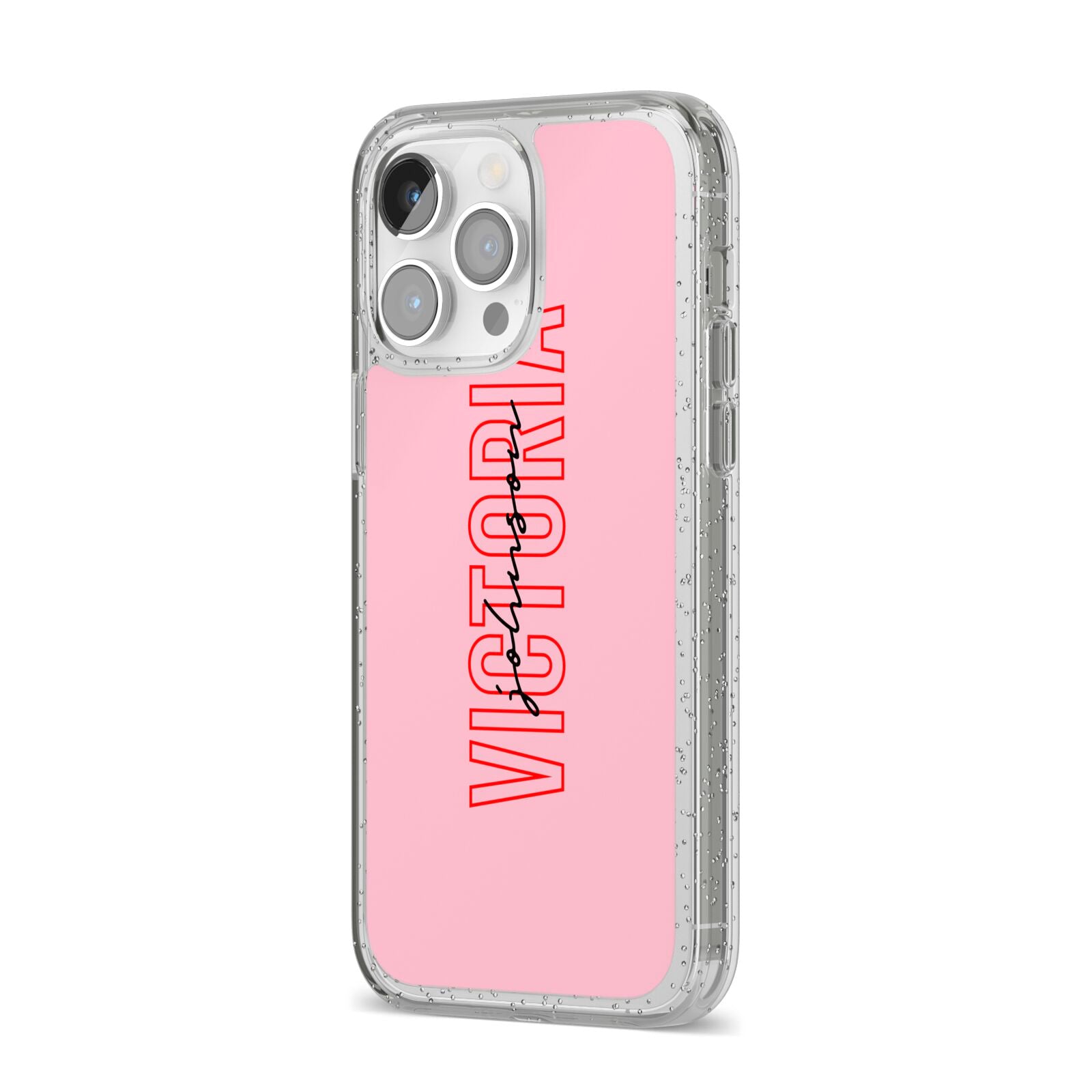 Personalised Pink Red Names iPhone 14 Pro Max Glitter Tough Case Silver Angled Image