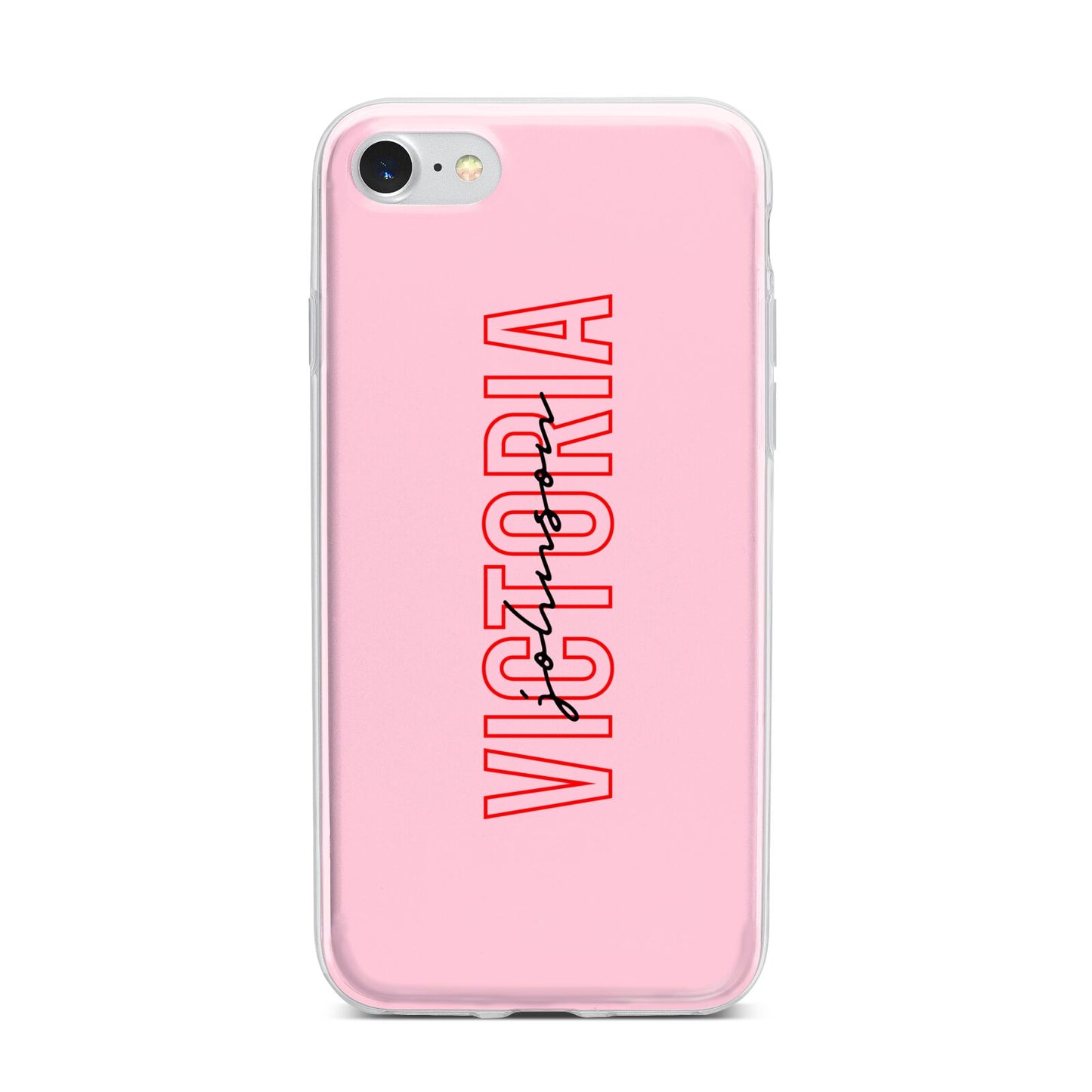 Personalised Pink Red Names iPhone 7 Bumper Case on Silver iPhone