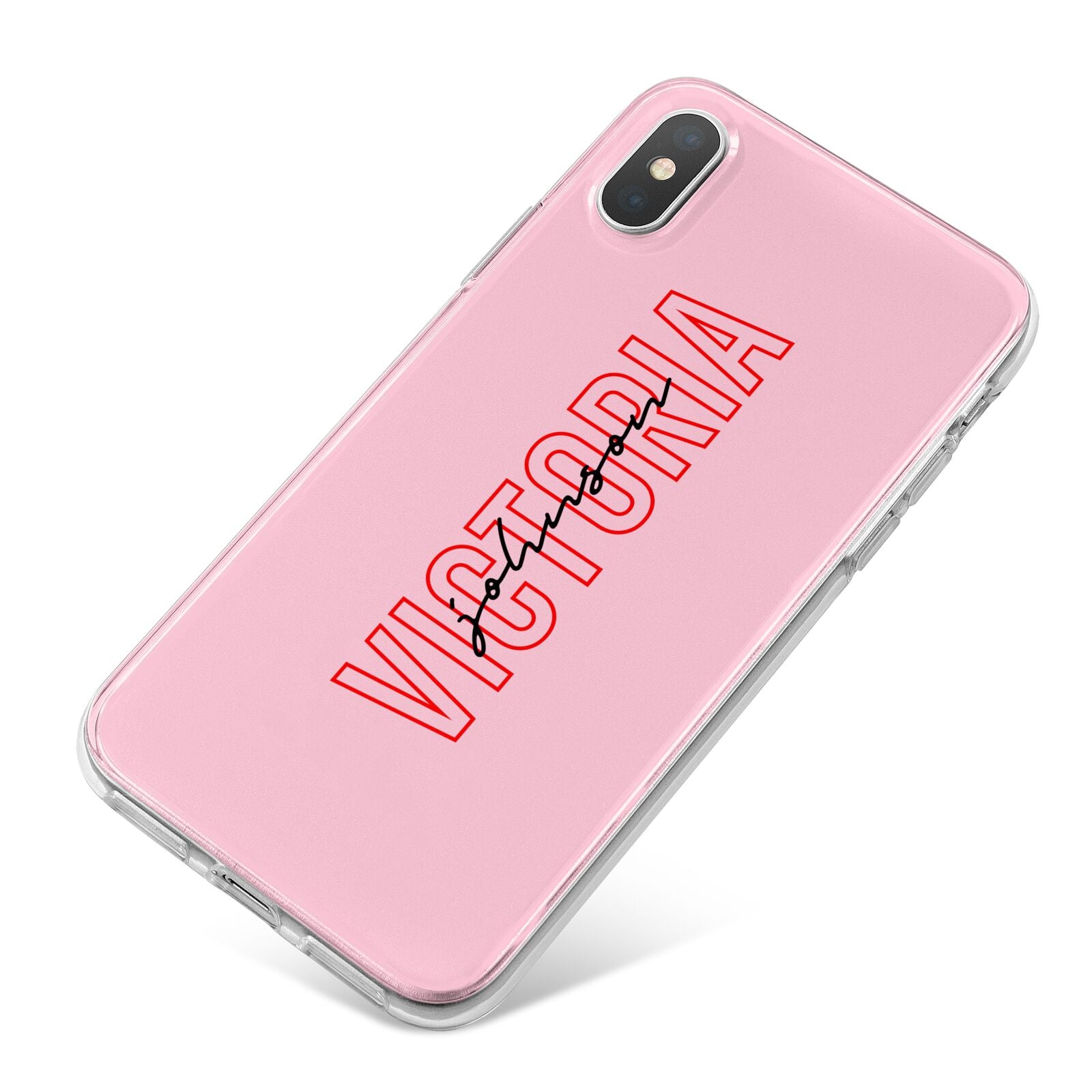 Personalised Pink Red Names iPhone X Bumper Case on Silver iPhone