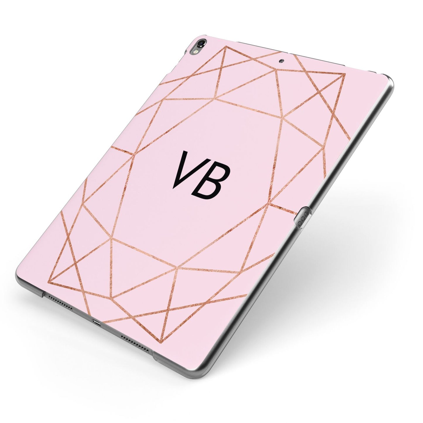 Personalised Pink Rose Gold Initials Geometric Apple iPad Case on Grey iPad Side View