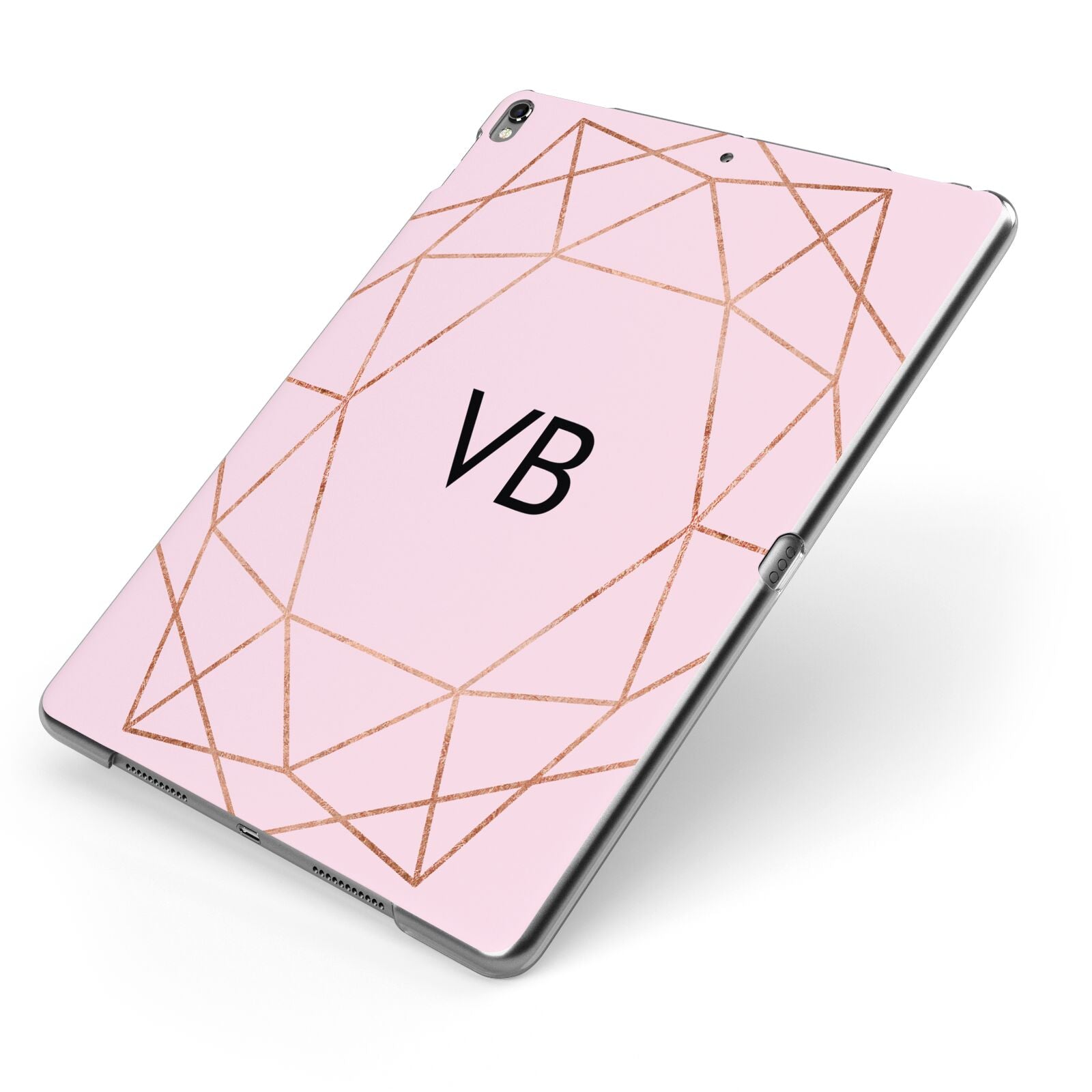 Personalised Pink Rose Gold Initials Geometric Apple iPad Case on Grey iPad Side View