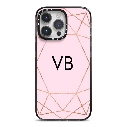 Personalised Pink Rose Gold Initials Geometric iPhone 14 Pro Max Black Impact Case on Silver phone