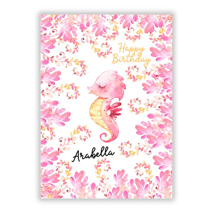 Personalised Pink Seahorse A5 Flat Greetings Card