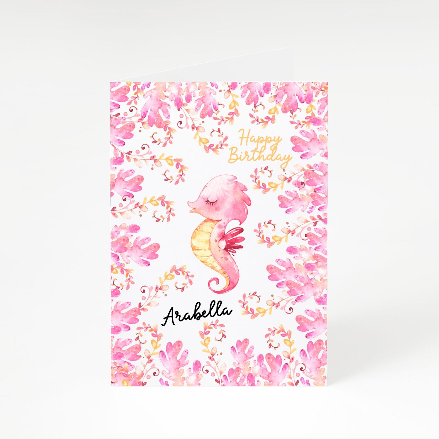 Personalised Pink Seahorse A5 Greetings Card