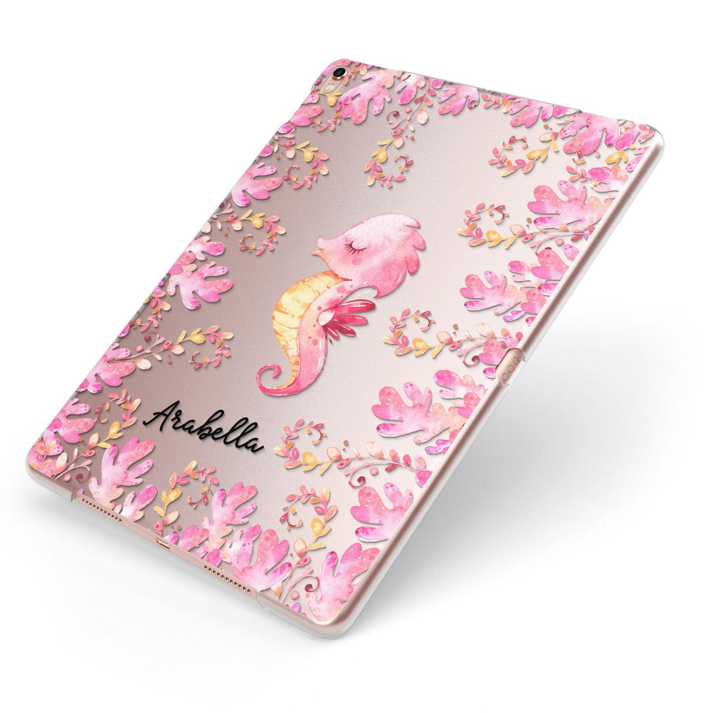 Personalised Pink Seahorse Apple iPad Case on Rose Gold iPad Side View