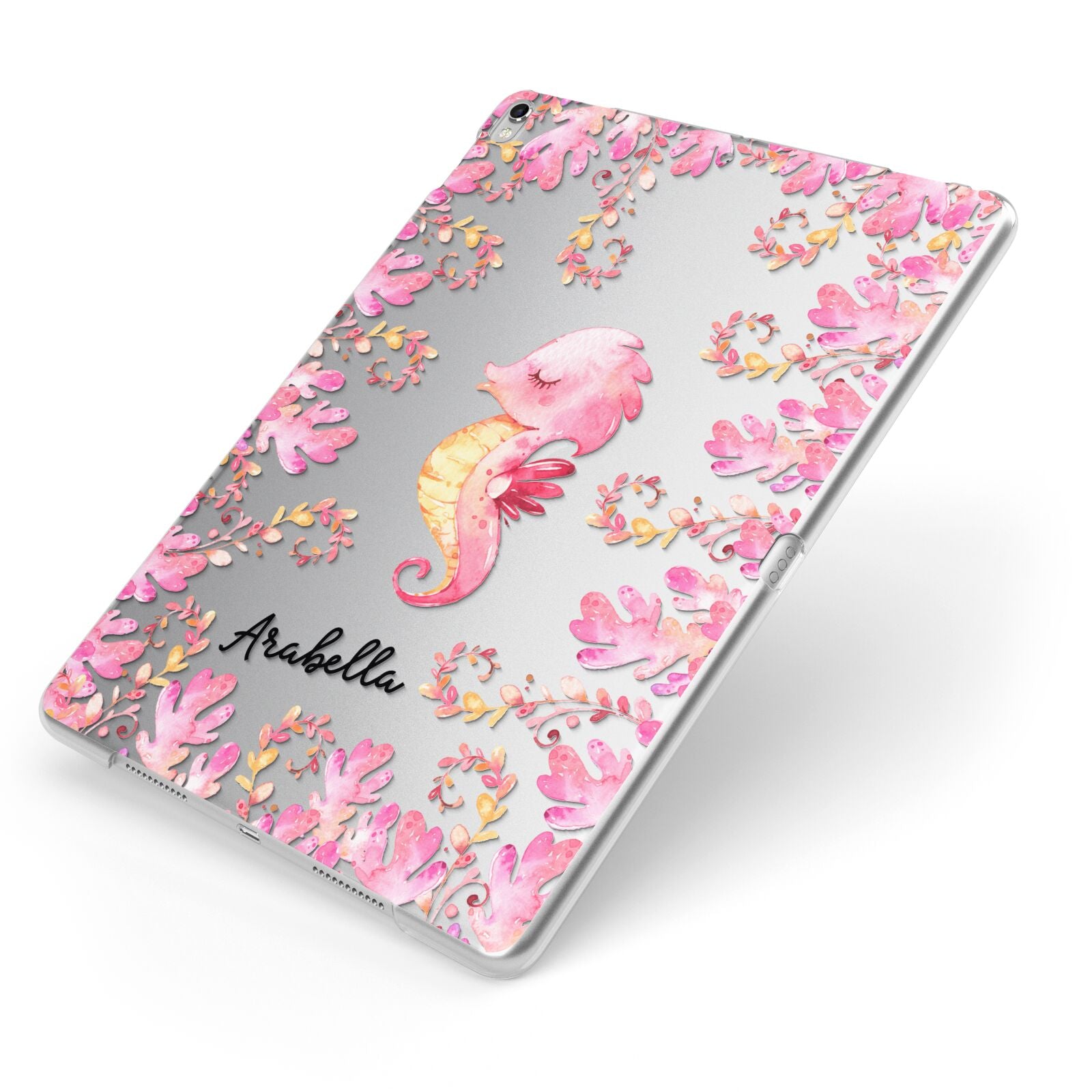 Personalised Pink Seahorse Apple iPad Case on Silver iPad Side View