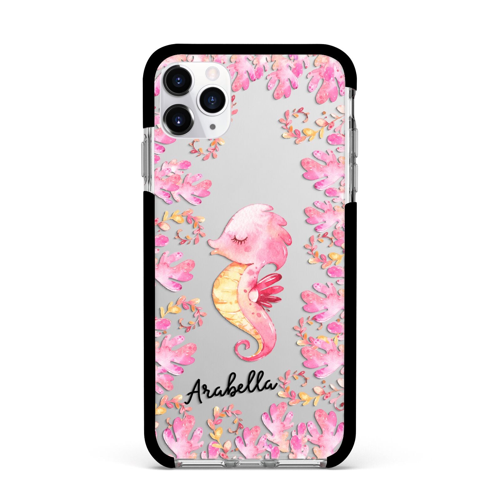 Personalised Pink Seahorse Apple iPhone 11 Pro Max in Silver with Black Impact Case