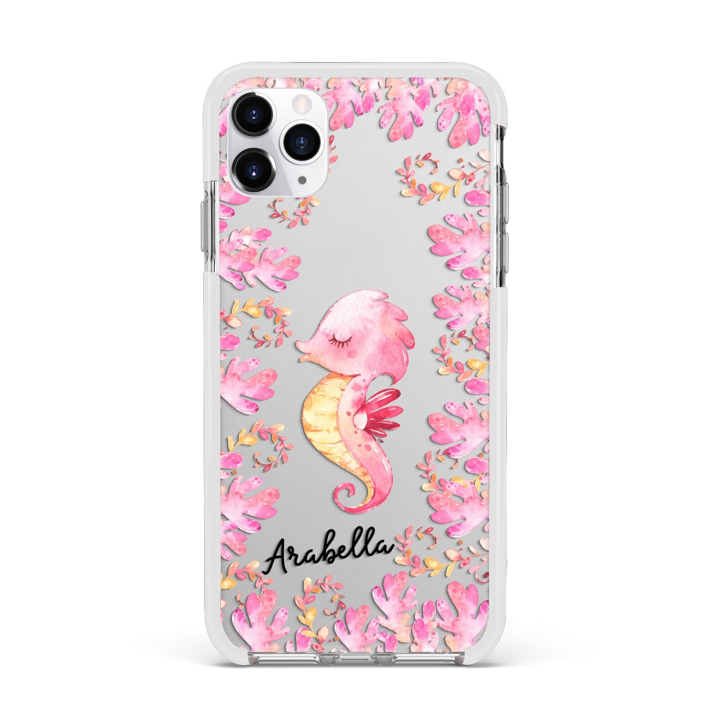 Personalised Pink Seahorse Apple iPhone 11 Pro Max in Silver with White Impact Case
