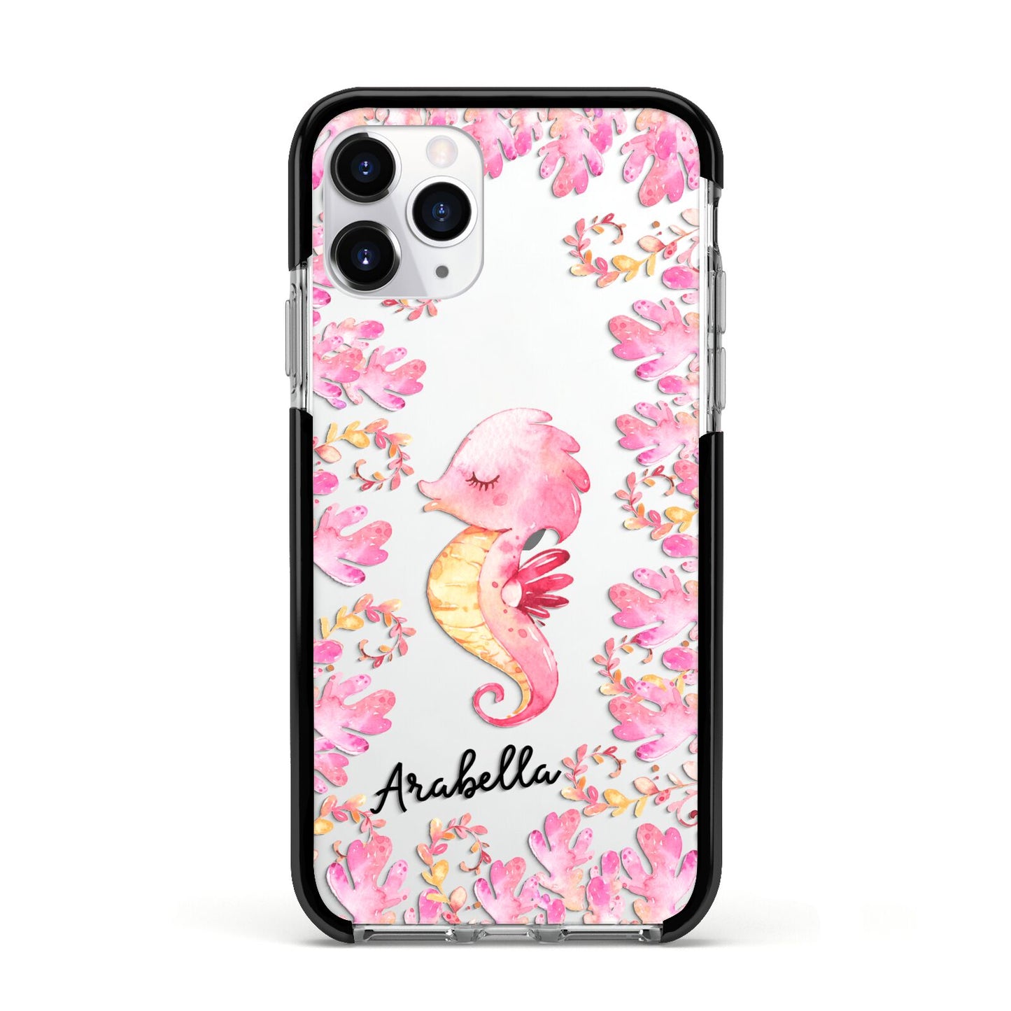 Personalised Pink Seahorse Apple iPhone 11 Pro in Silver with Black Impact Case