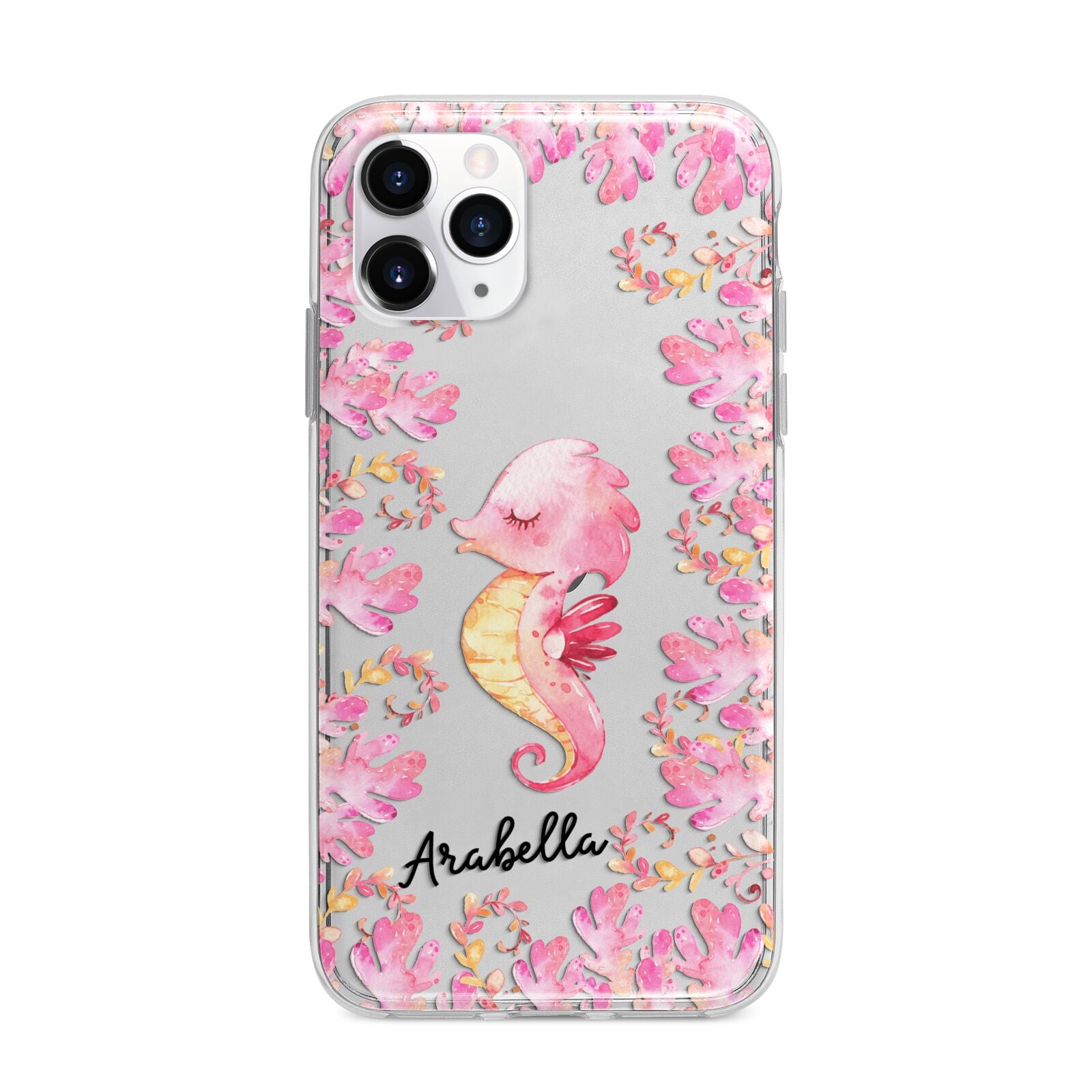 Personalised Pink Seahorse Apple iPhone 11 Pro in Silver with Bumper Case