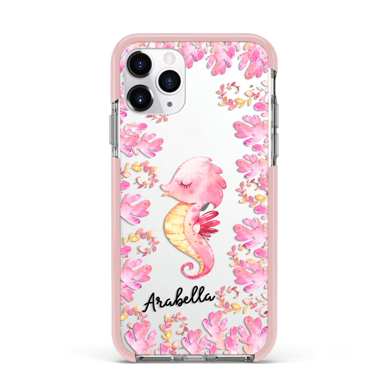 Personalised Pink Seahorse Apple iPhone 11 Pro in Silver with Pink Impact Case