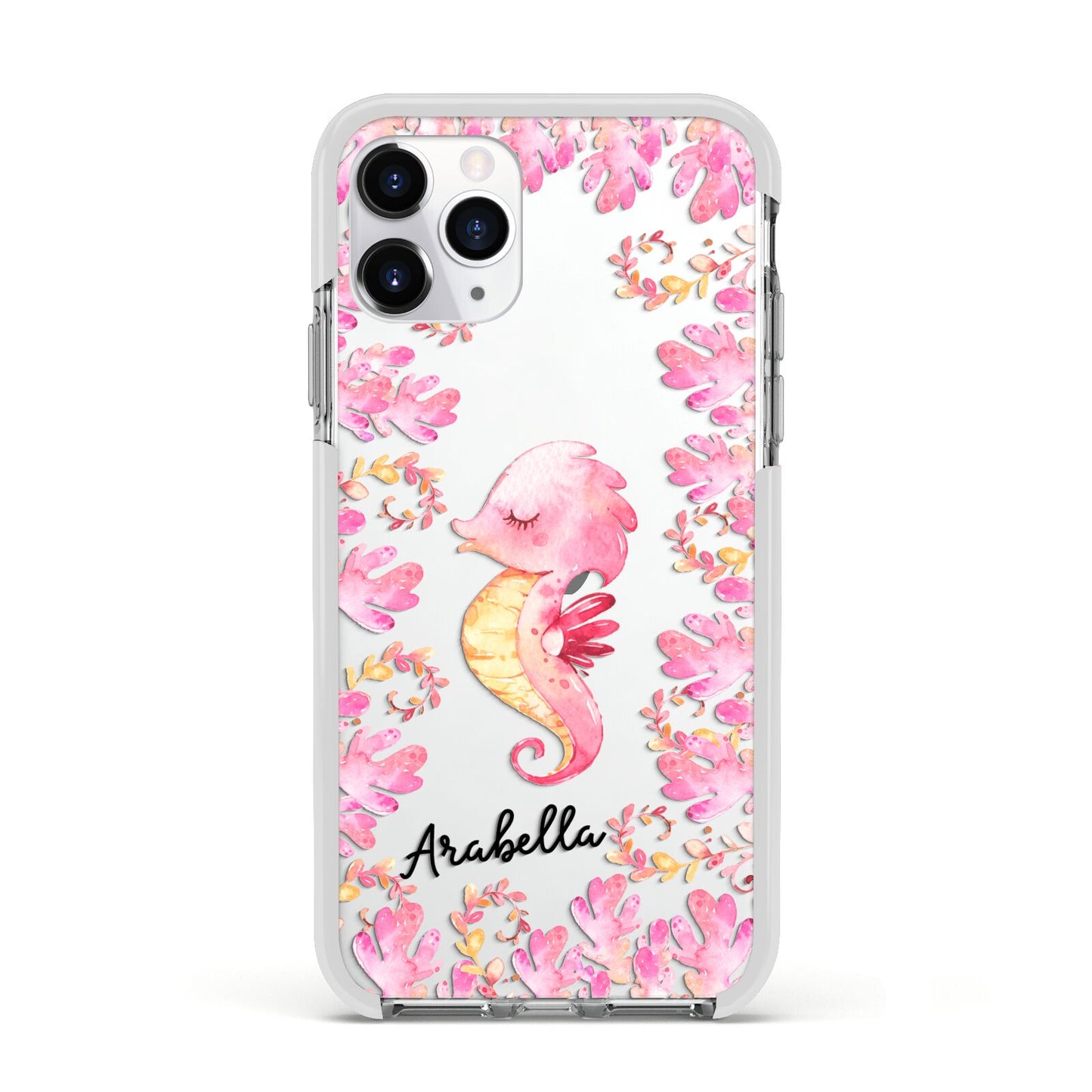 Personalised Pink Seahorse Apple iPhone 11 Pro in Silver with White Impact Case