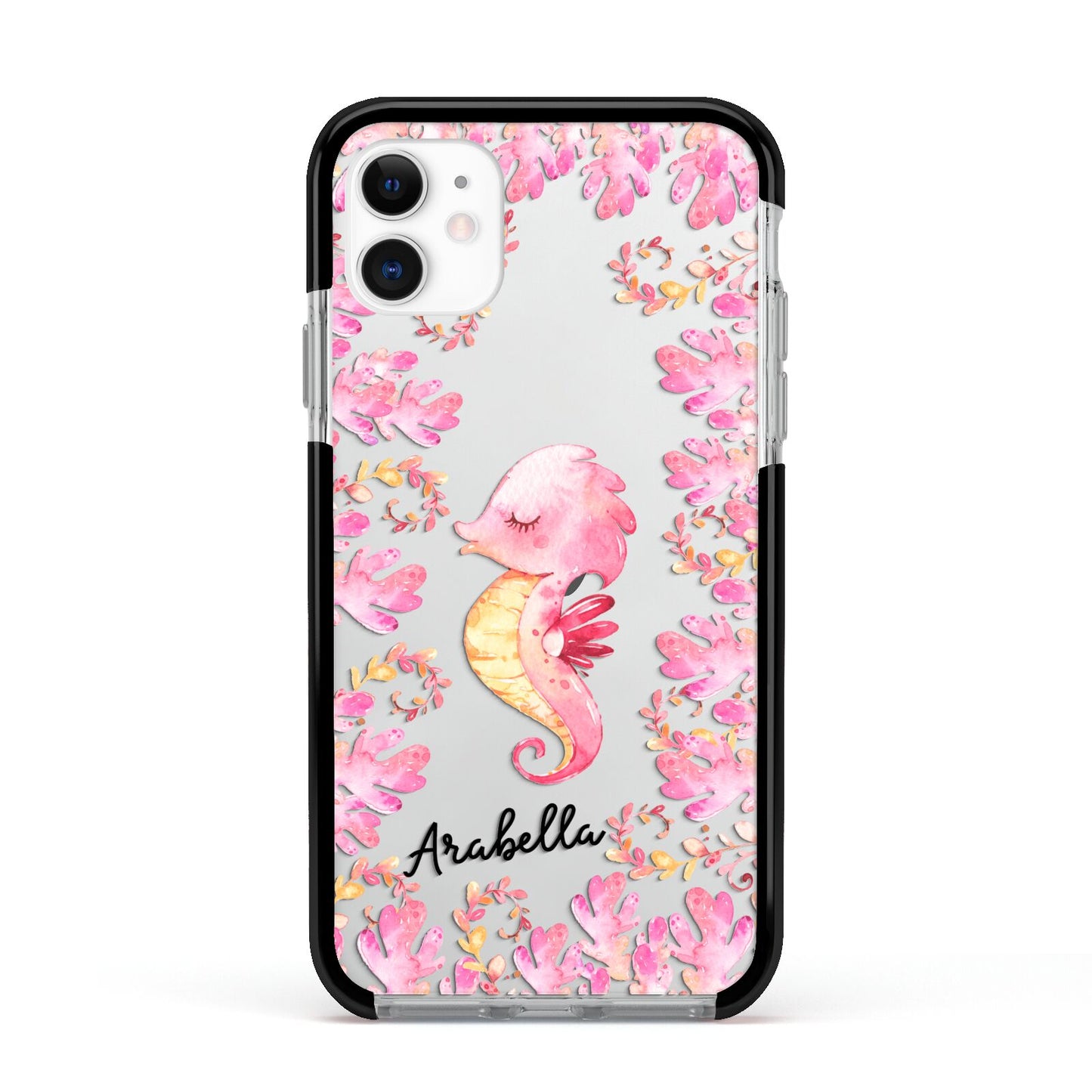 Personalised Pink Seahorse Apple iPhone 11 in White with Black Impact Case