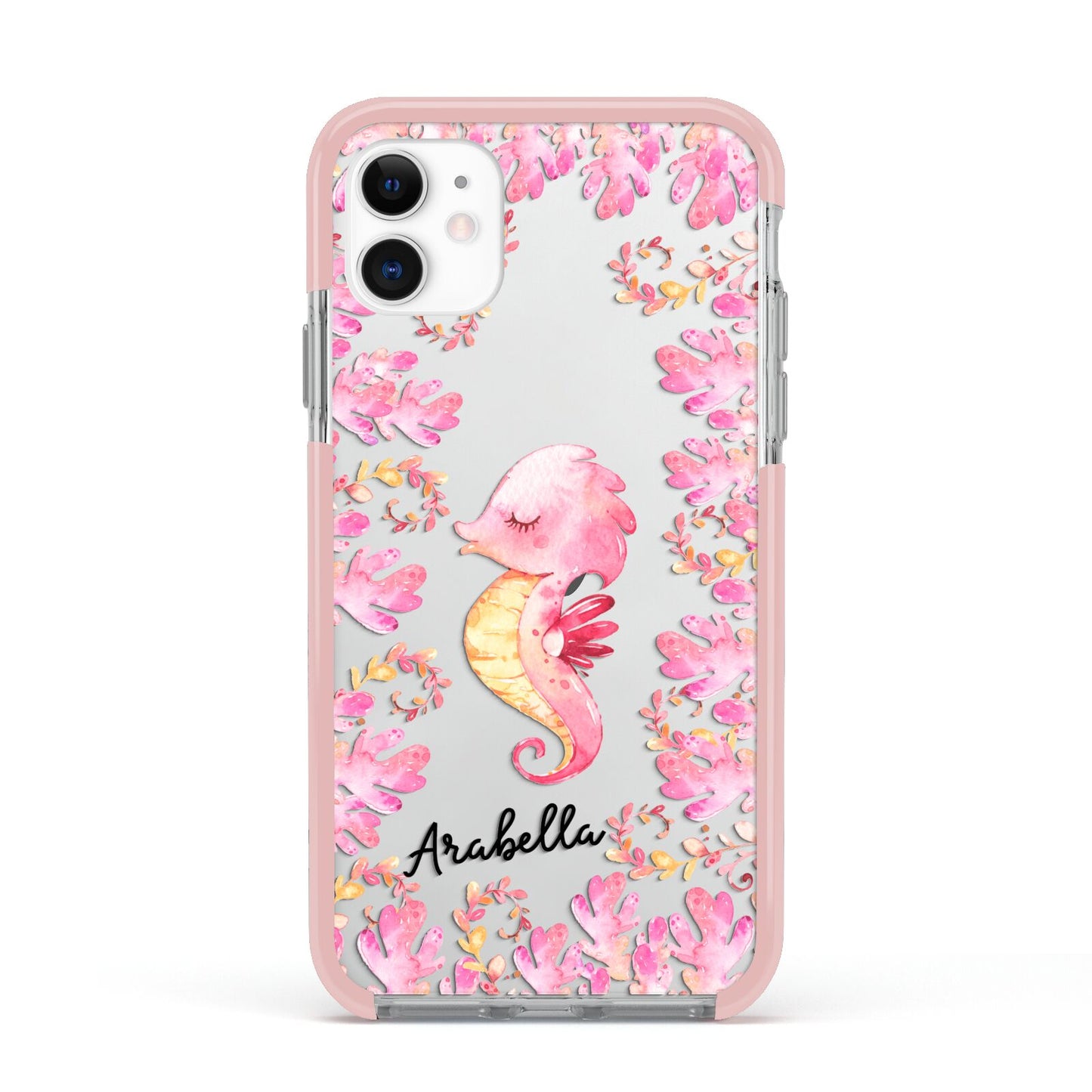 Personalised Pink Seahorse Apple iPhone 11 in White with Pink Impact Case