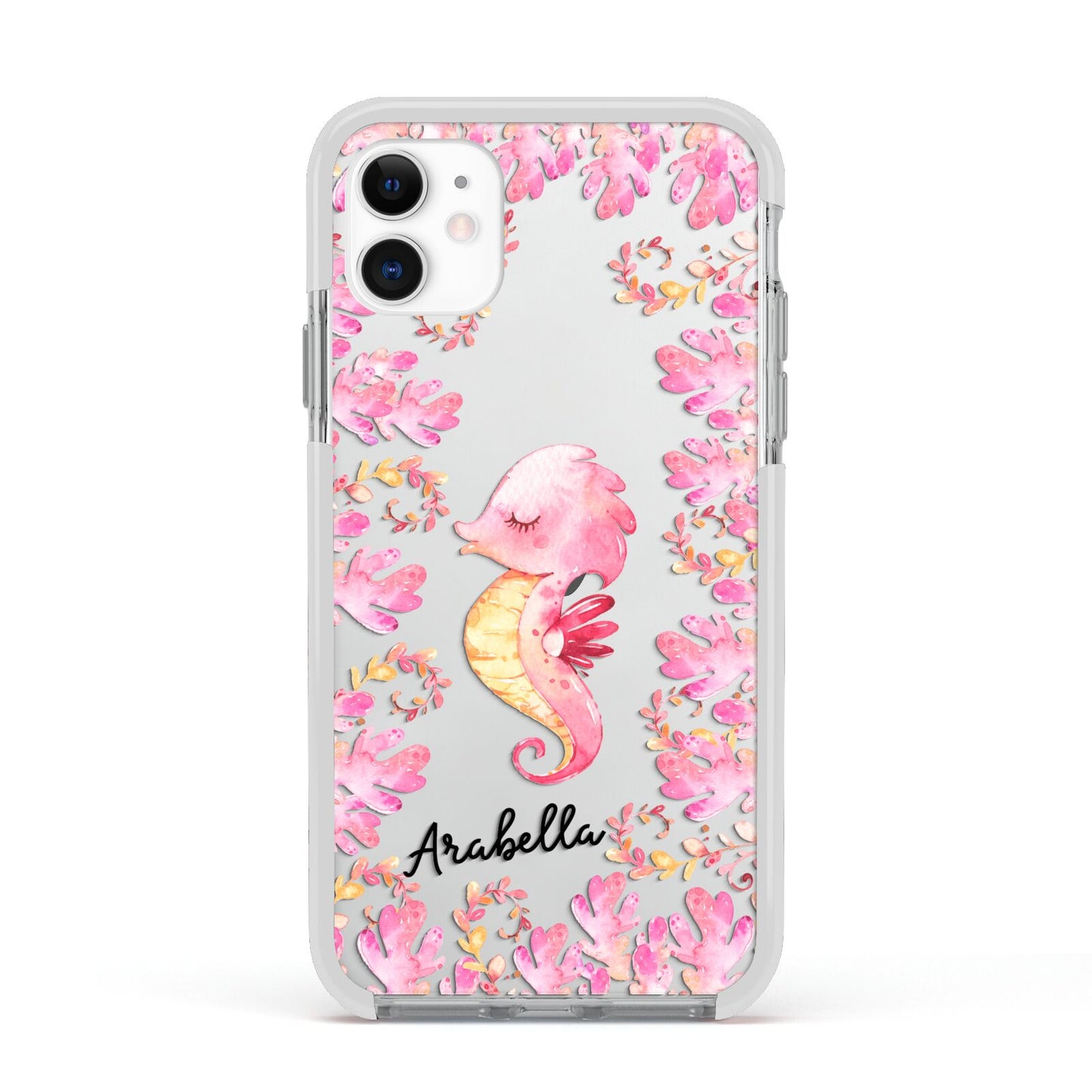 Personalised Pink Seahorse Apple iPhone 11 in White with White Impact Case