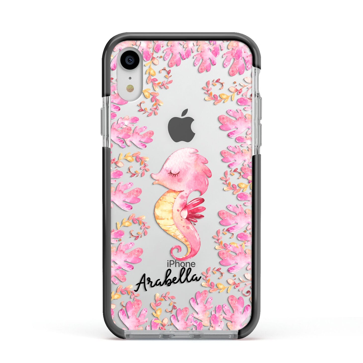 Personalised Pink Seahorse Apple iPhone XR Impact Case Black Edge on Silver Phone