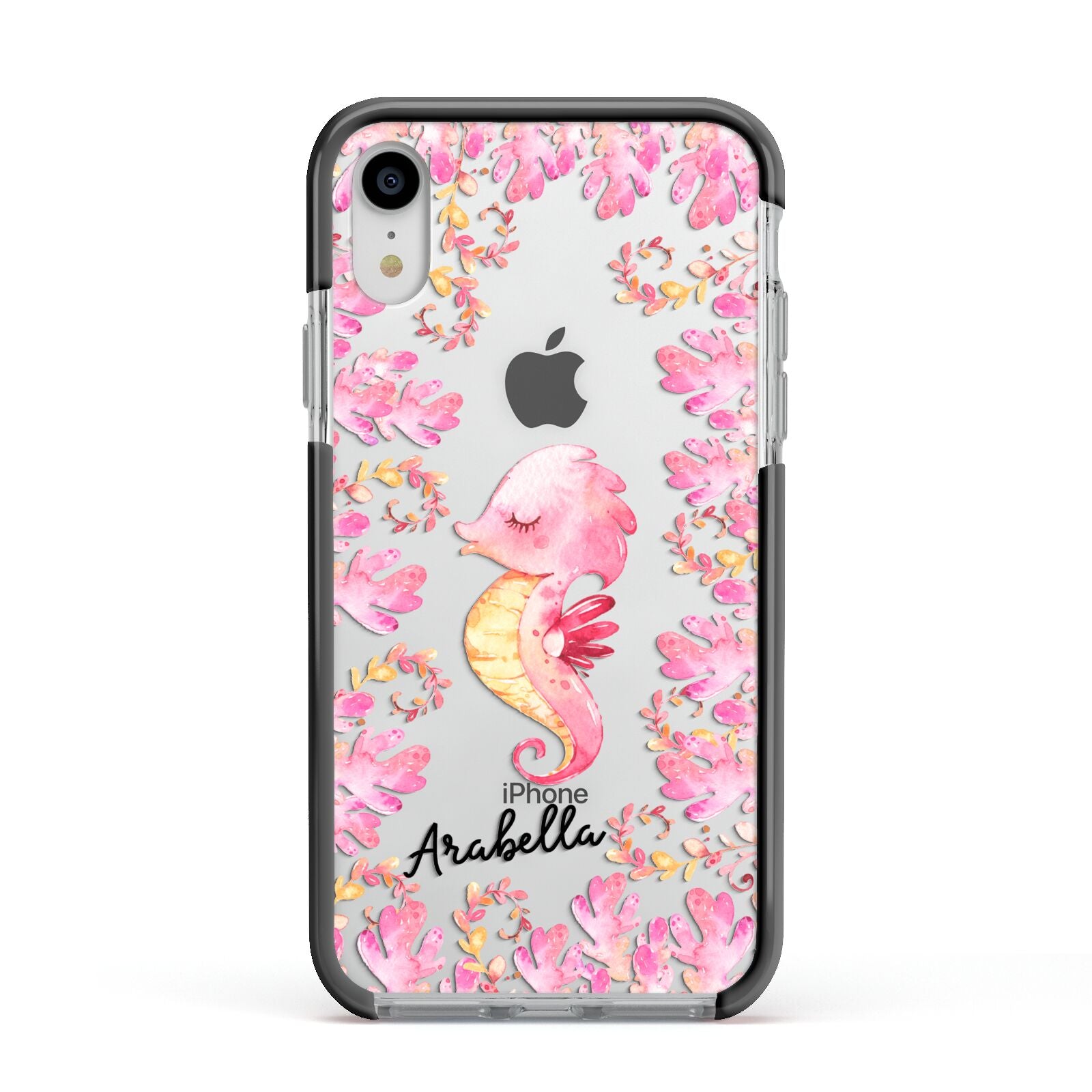 Personalised Pink Seahorse Apple iPhone XR Impact Case Black Edge on Silver Phone