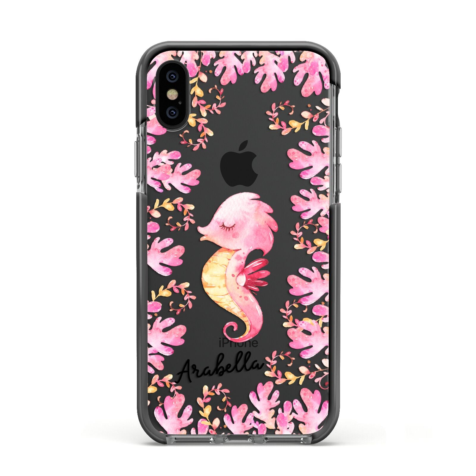 Personalised Pink Seahorse Apple iPhone Xs Impact Case Black Edge on Black Phone