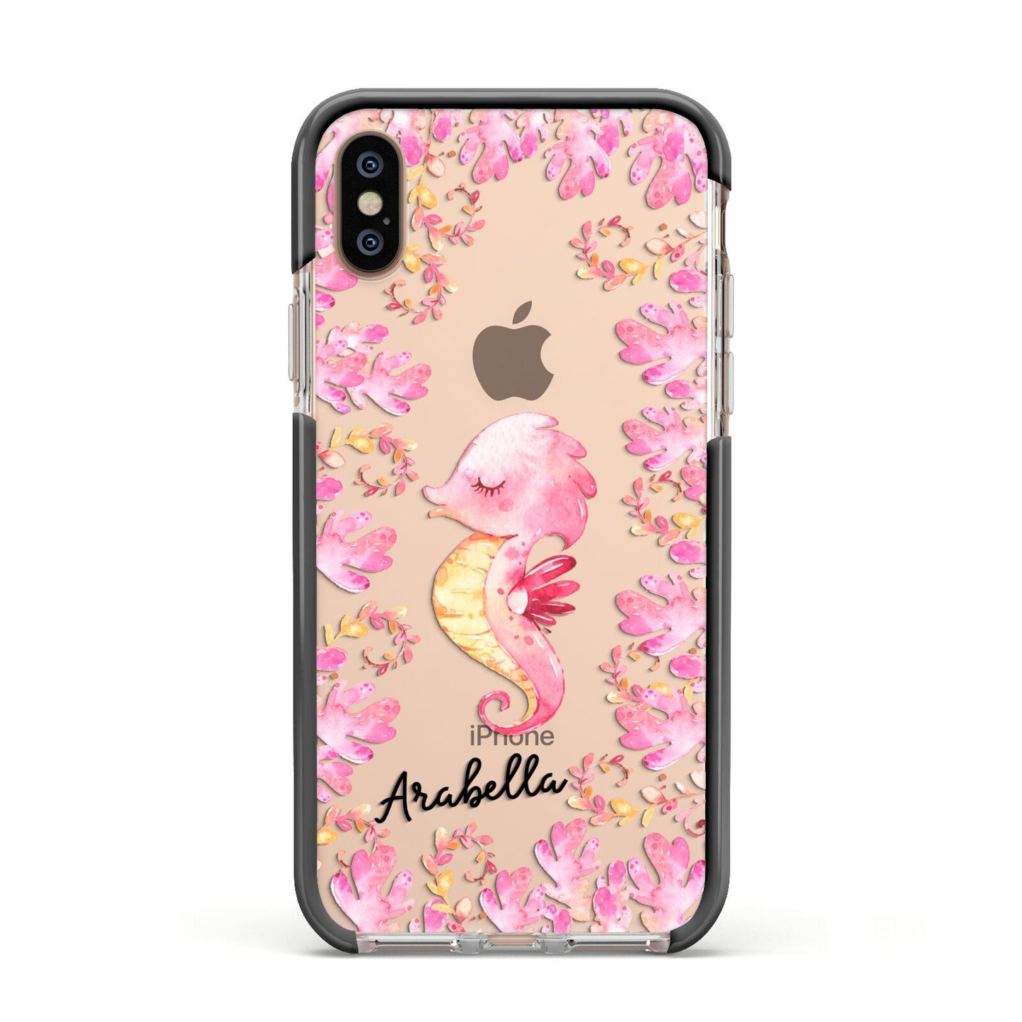 Personalised Pink Seahorse Apple iPhone Xs Impact Case Black Edge on Gold Phone