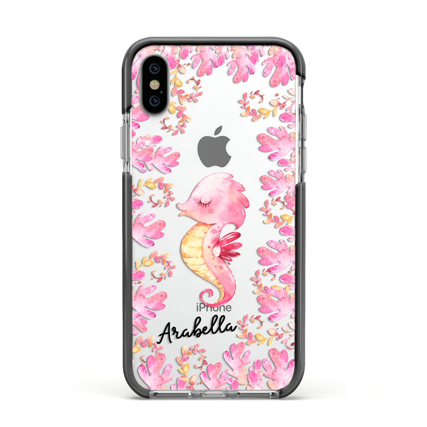 Personalised Pink Seahorse Apple iPhone Xs Impact Case Black Edge on Silver Phone
