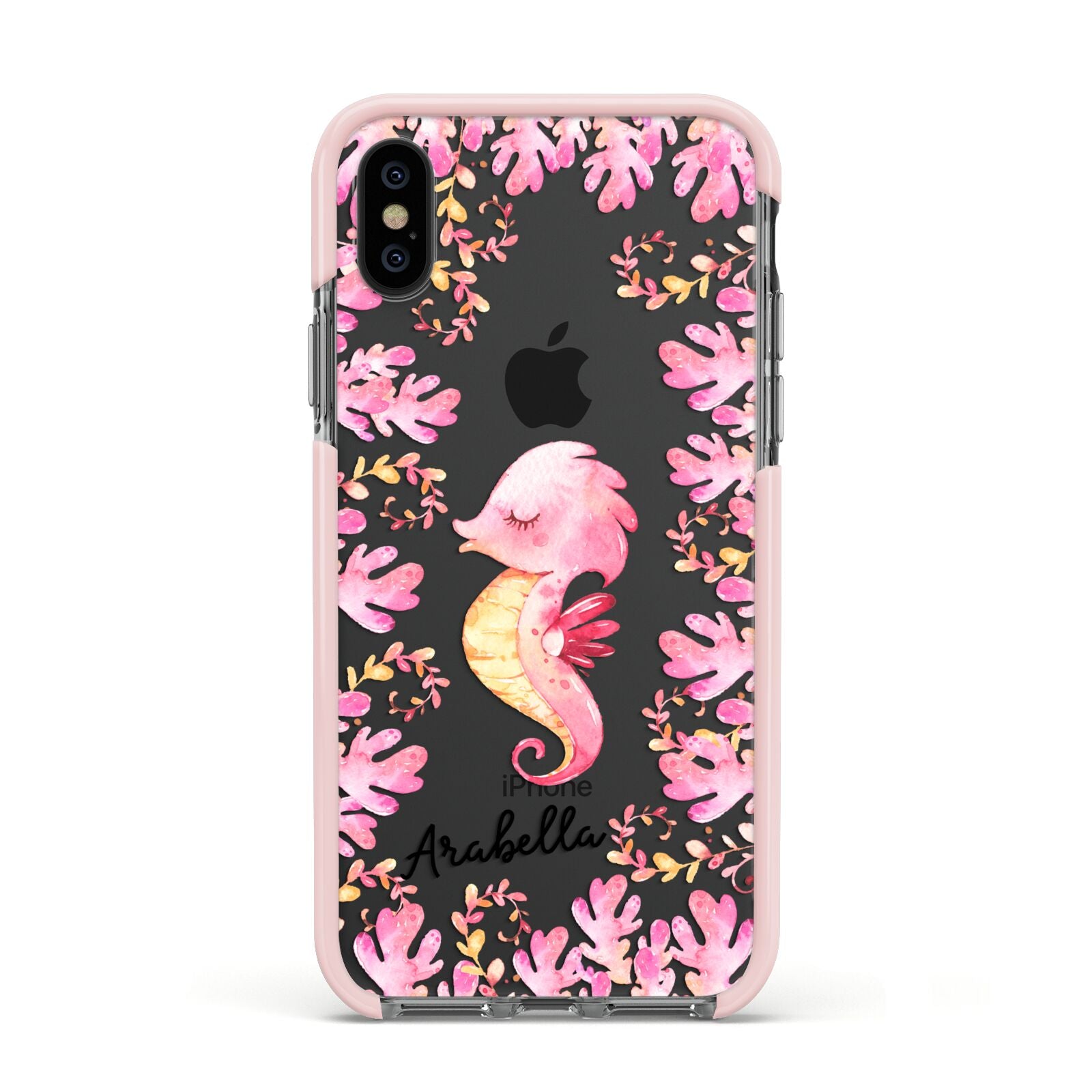 Personalised Pink Seahorse Apple iPhone Xs Impact Case Pink Edge on Black Phone