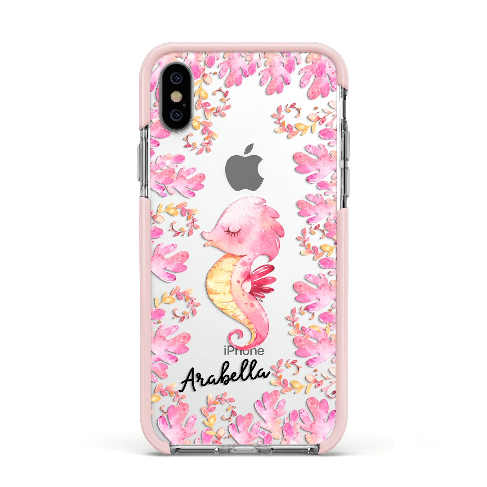Personalised Pink Seahorse Apple iPhone Xs Impact Case Pink Edge on Silver Phone