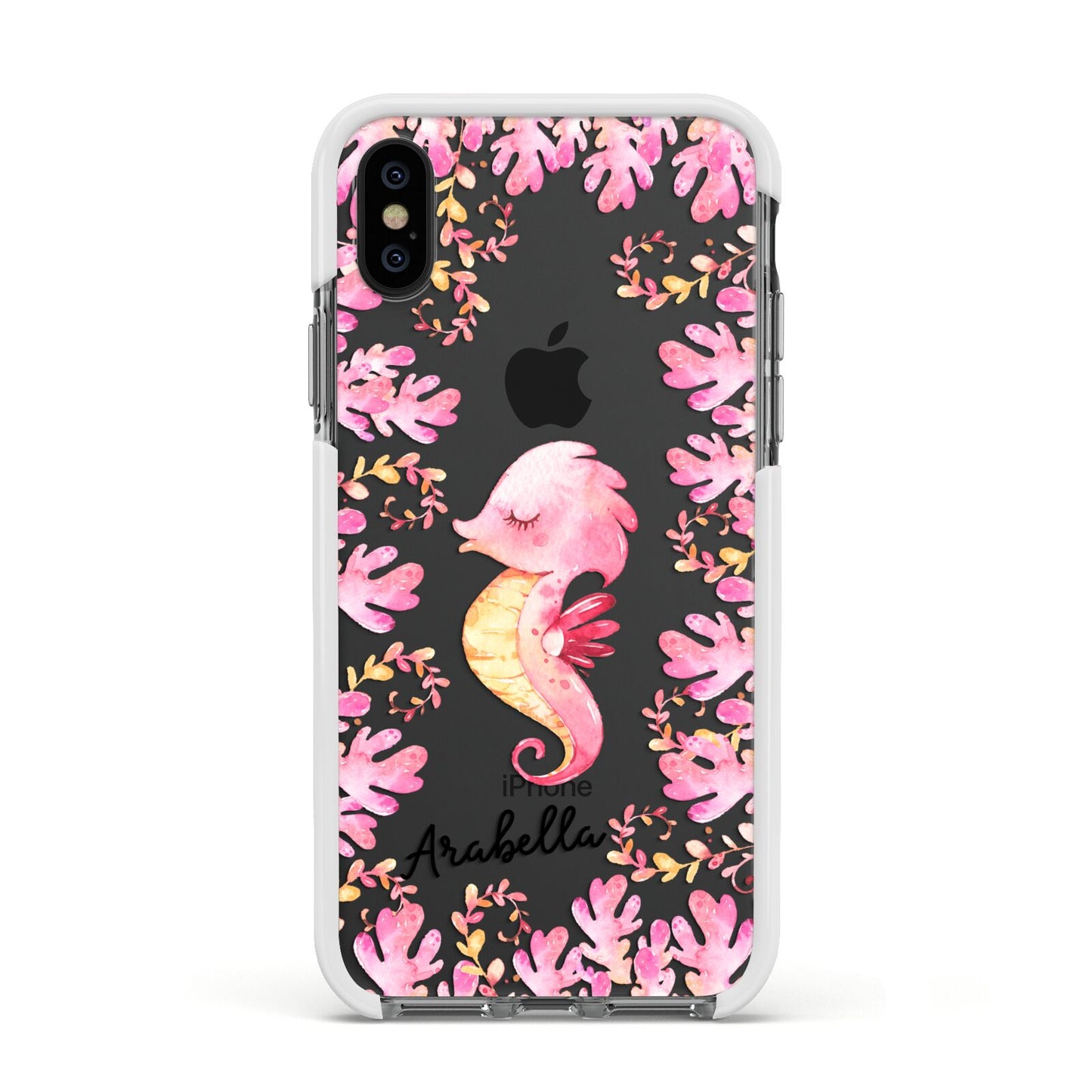 Personalised Pink Seahorse Apple iPhone Xs Impact Case White Edge on Black Phone