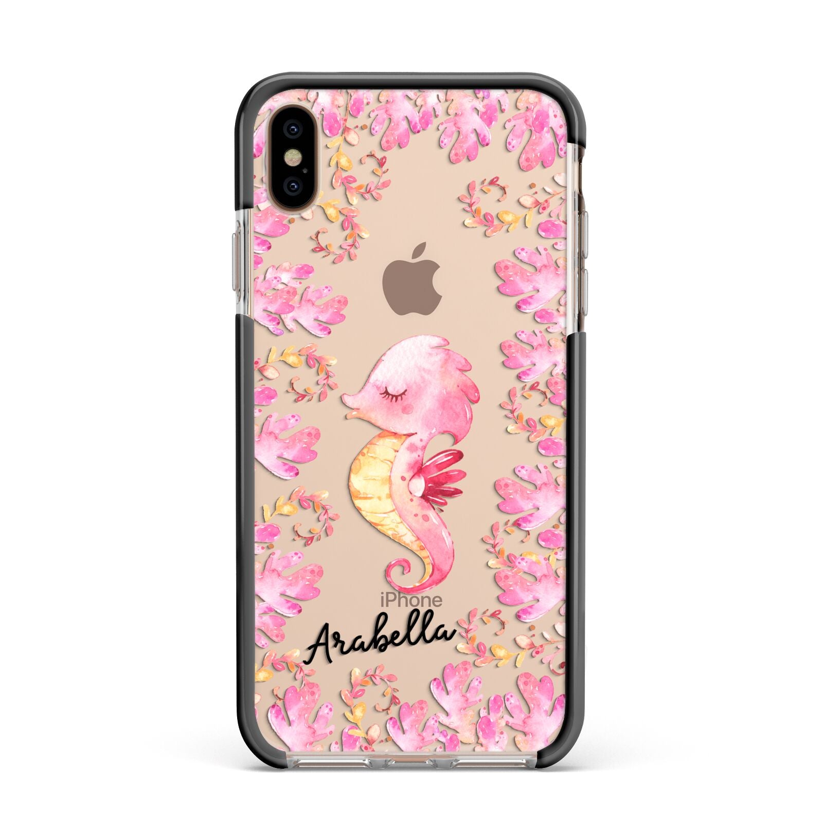 Personalised Pink Seahorse Apple iPhone Xs Max Impact Case Black Edge on Gold Phone