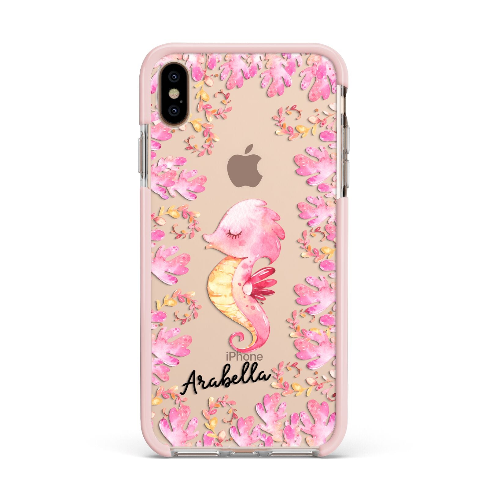 Personalised Pink Seahorse Apple iPhone Xs Max Impact Case Pink Edge on Gold Phone