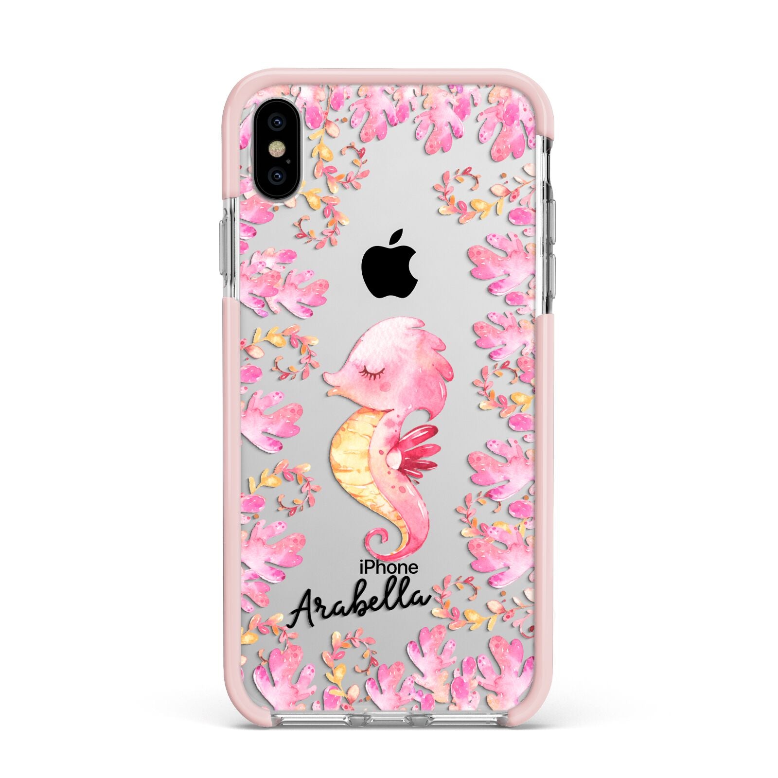 Personalised Pink Seahorse Apple iPhone Xs Max Impact Case Pink Edge on Silver Phone